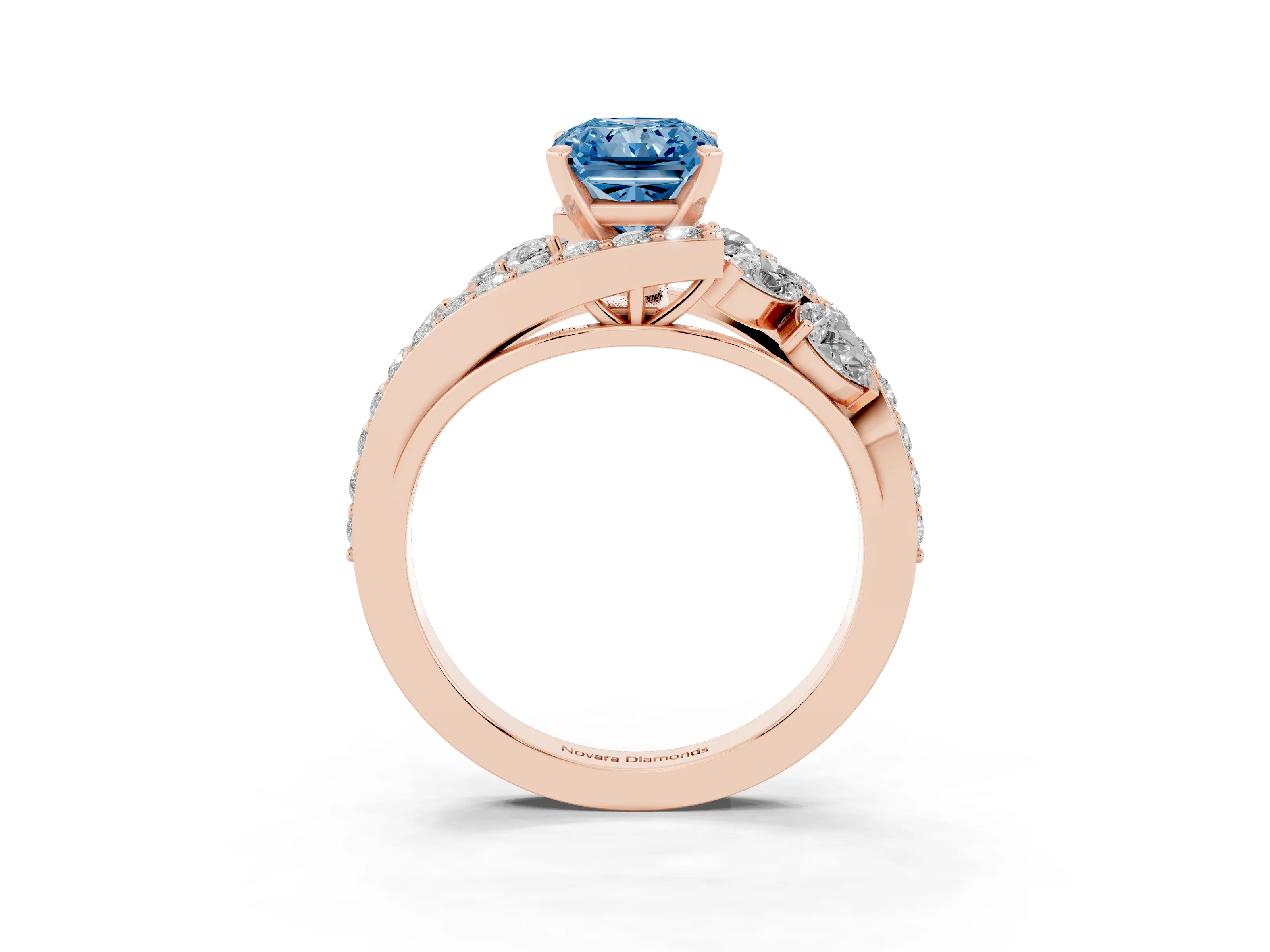 Fancy Blue Radiant Cut Diamond Halo Ring Set in Rose gold with Marquise and Pavé Band in Prong Setting