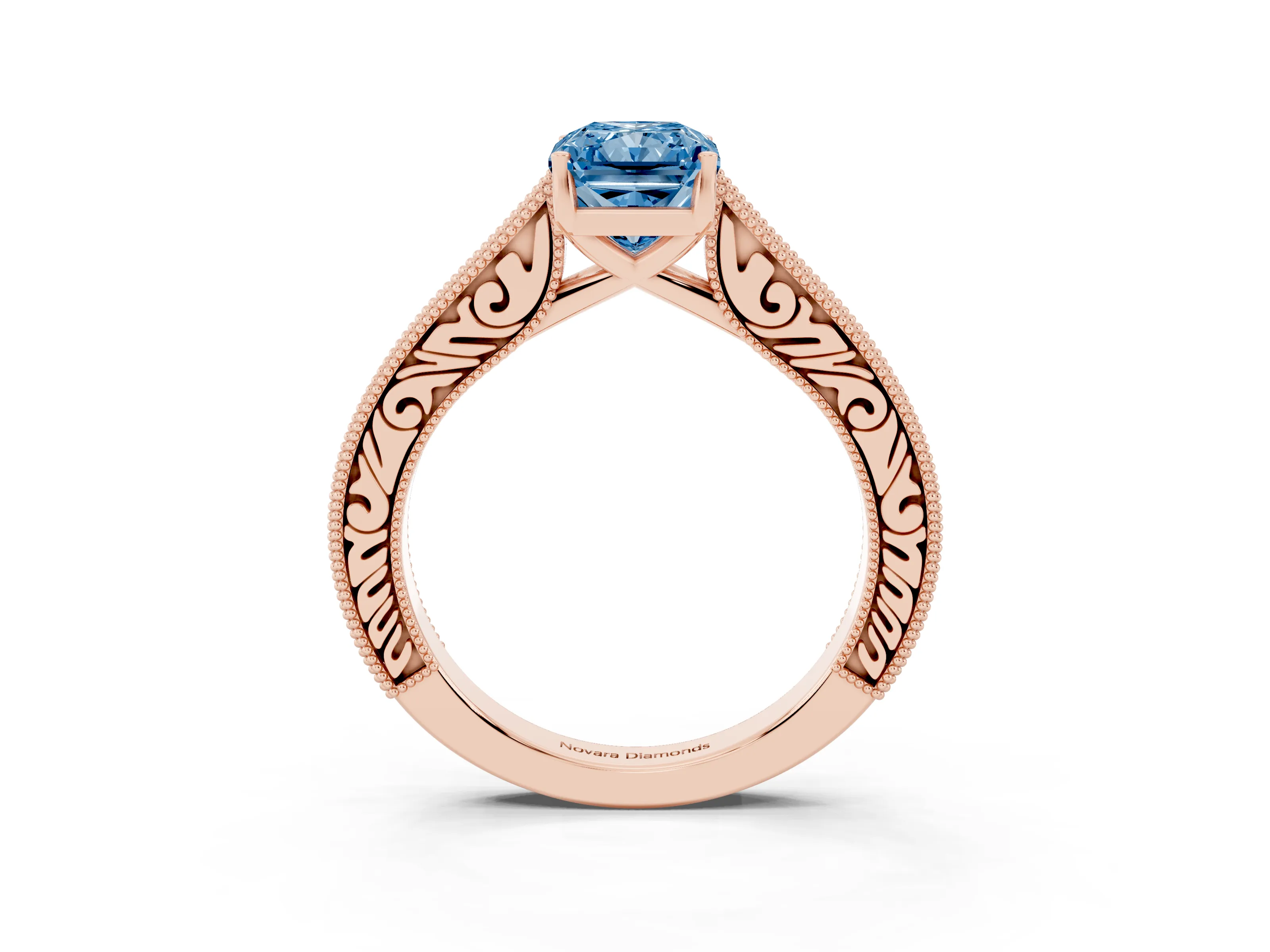Fancy Blue Radiant Cut Diamond Milgrain Pavé Band Solitaire Ring Set in Rose gold with Prong Setting