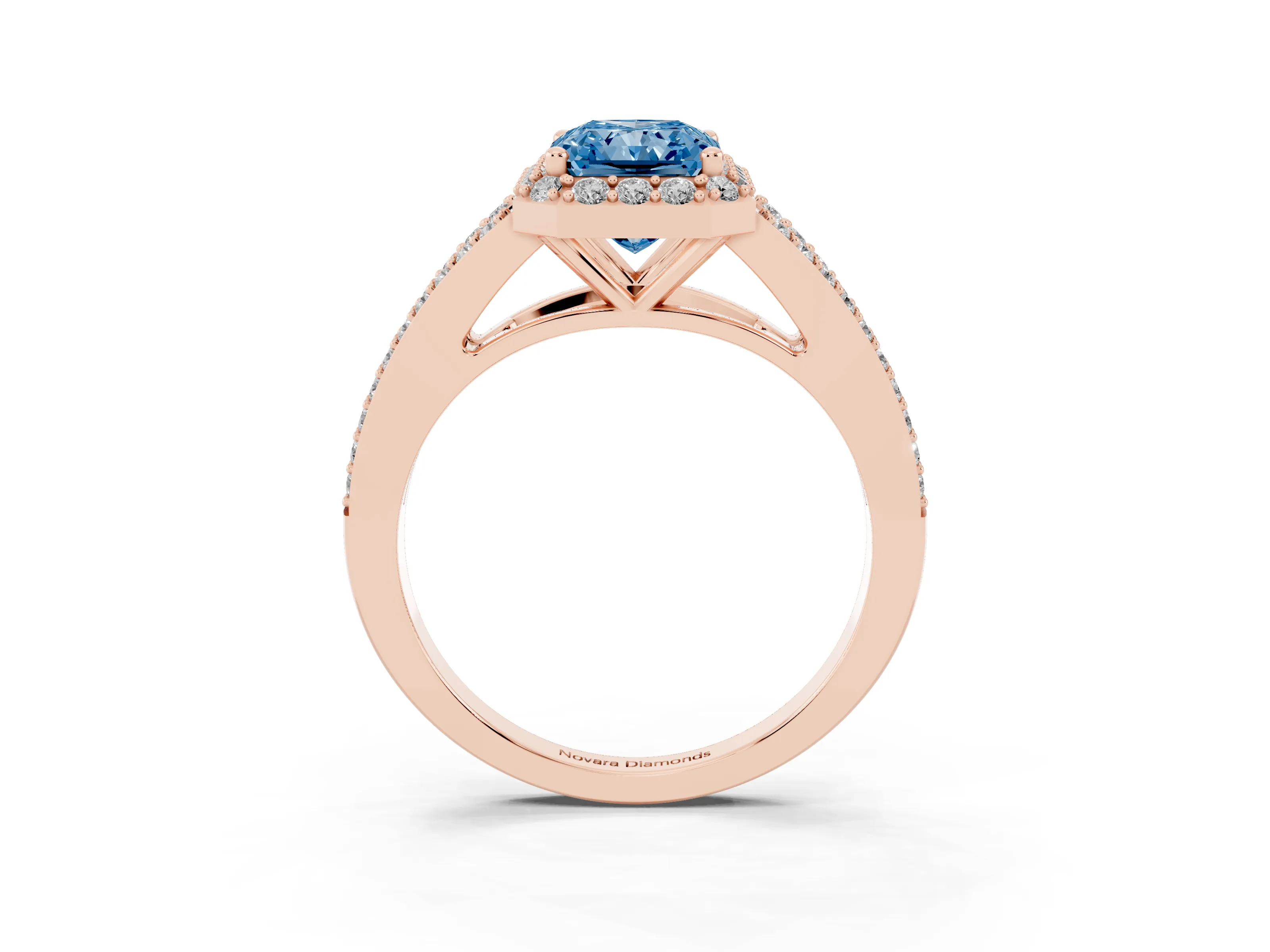 Fancy Blue Radiant Cut Diamond Halo Split Shank Pavé Ring Set in Rose gold with Prong Setting