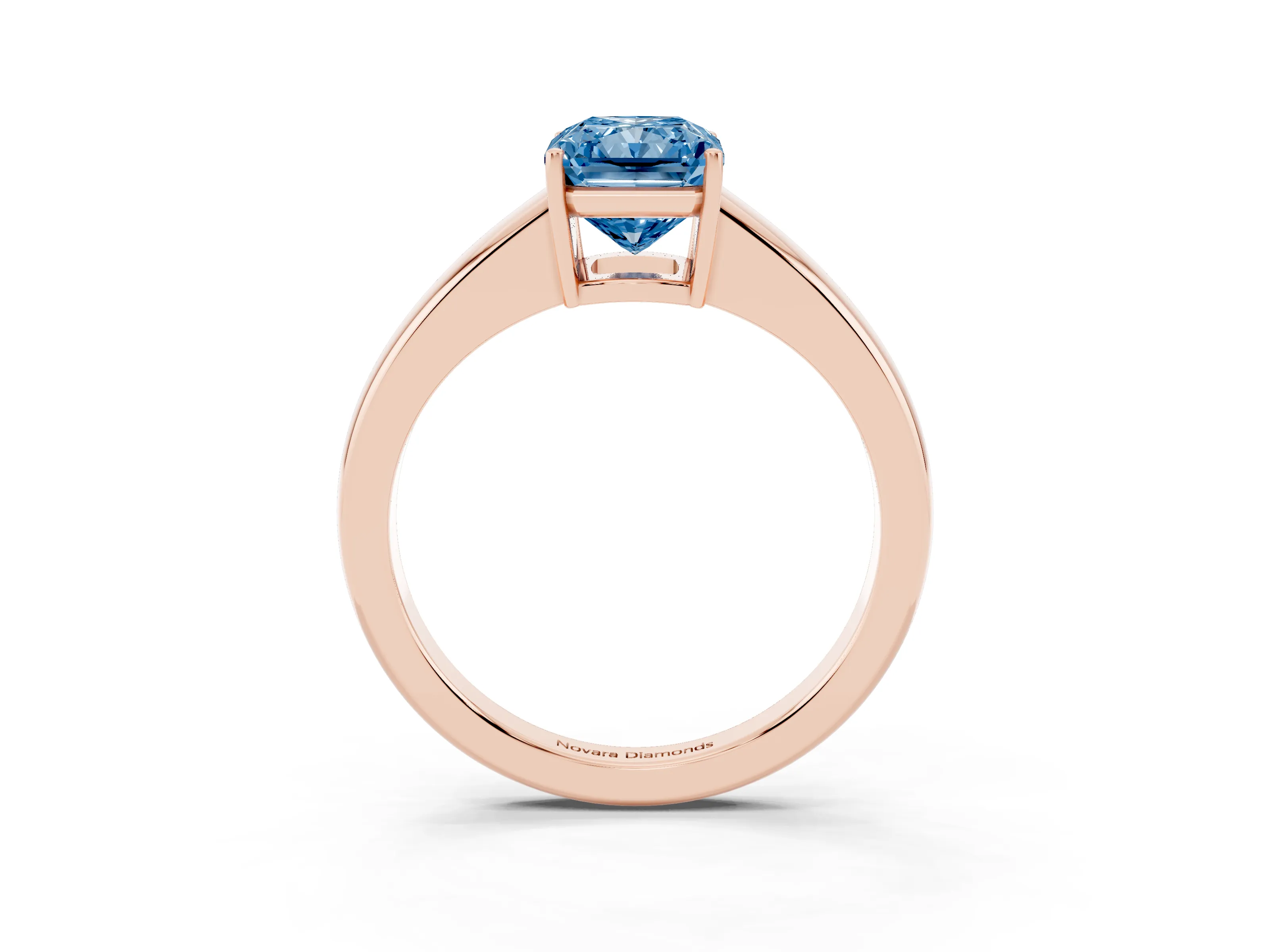 Fancy Blue Radiant Cut Diamond Solitaire Ring Set in Rose gold with Tapered Band and Prong Setting