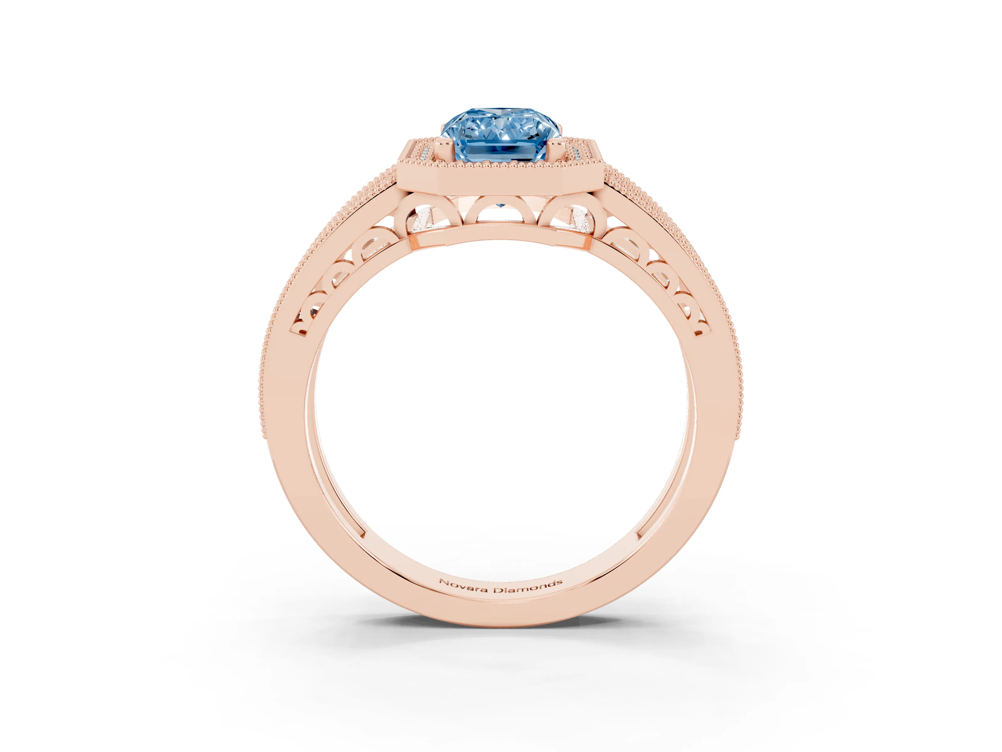 Fancy Blue Radiant Cut Diamond Halo Ring Set in Rose gold with Accent Split Shank and Prong Setting