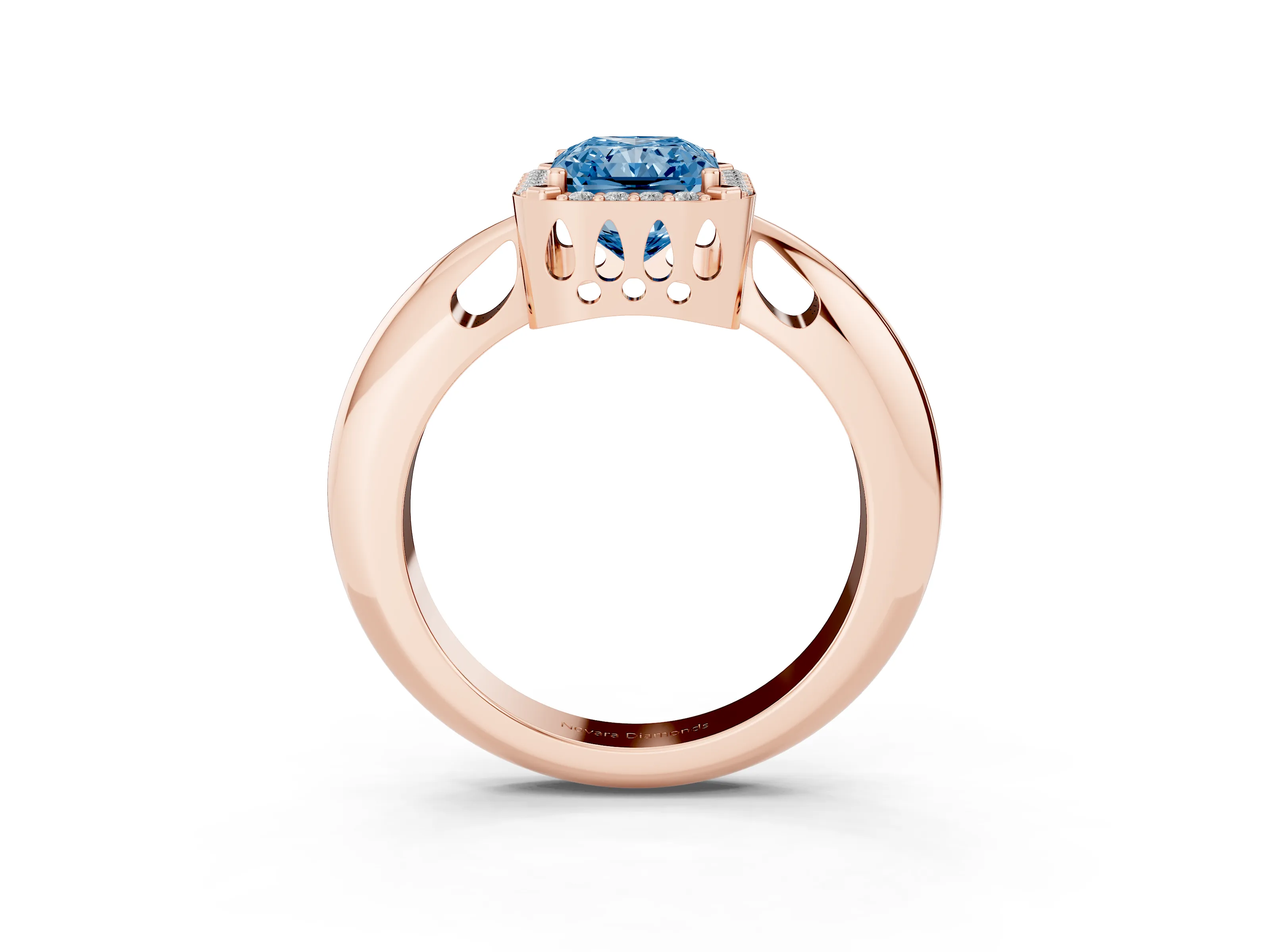Fancy Blue Radiant Cut Diamond Halo Engagement Ring Set in Rose gold with Plain Split Shank and Prong Setting