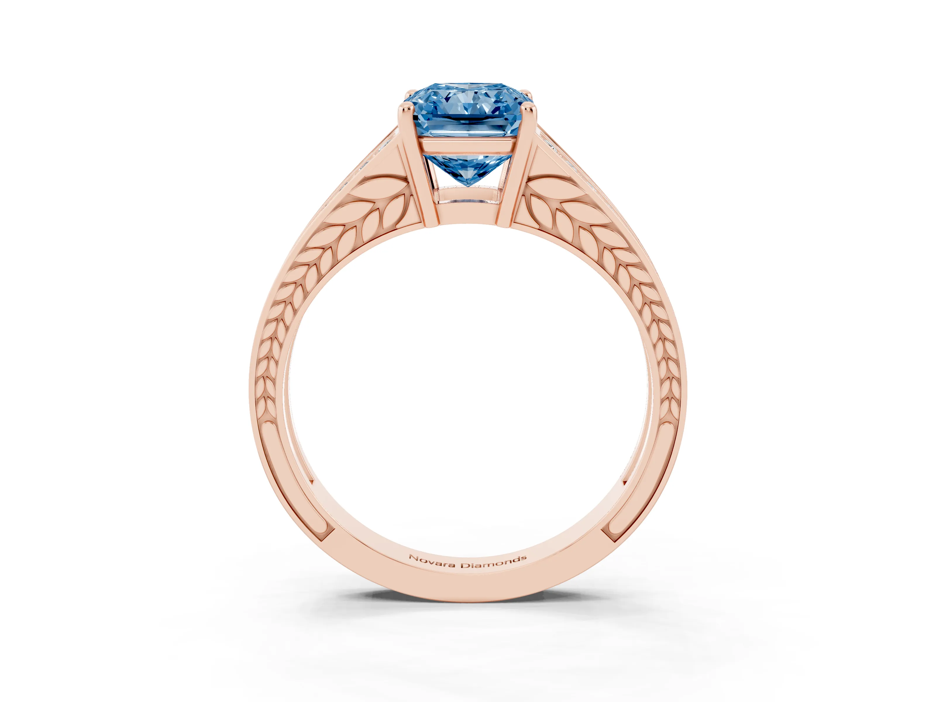 Fancy Blue Radiant Cut Diamond Split Shank Ring Set in Rose gold with Pavé Band and Prong Setting