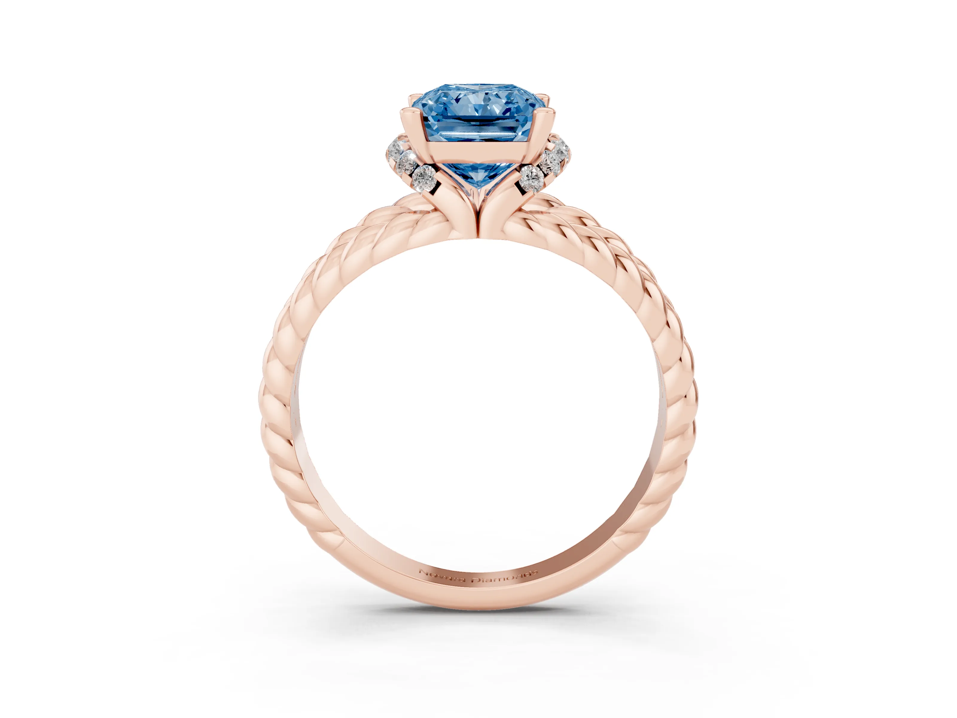 Fancy Blue Radiant Cut Diamond Halo Ring Set in Rose gold with Twisted Band and Prong Setting
