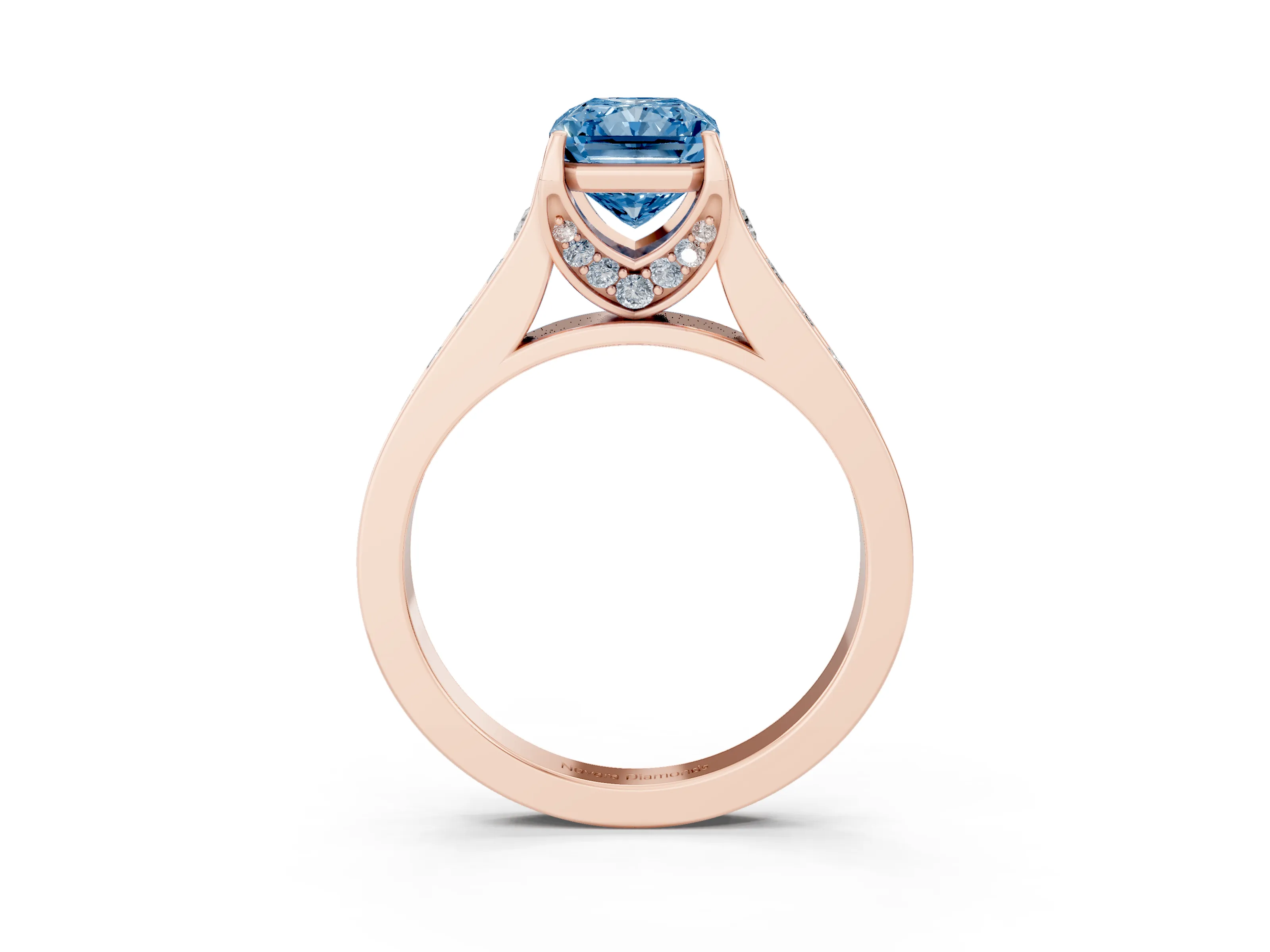 Fancy Blue Radiant Cut Diamond Solitaire Pavé Engagement Ring Set in Rose gold with Prong Setting