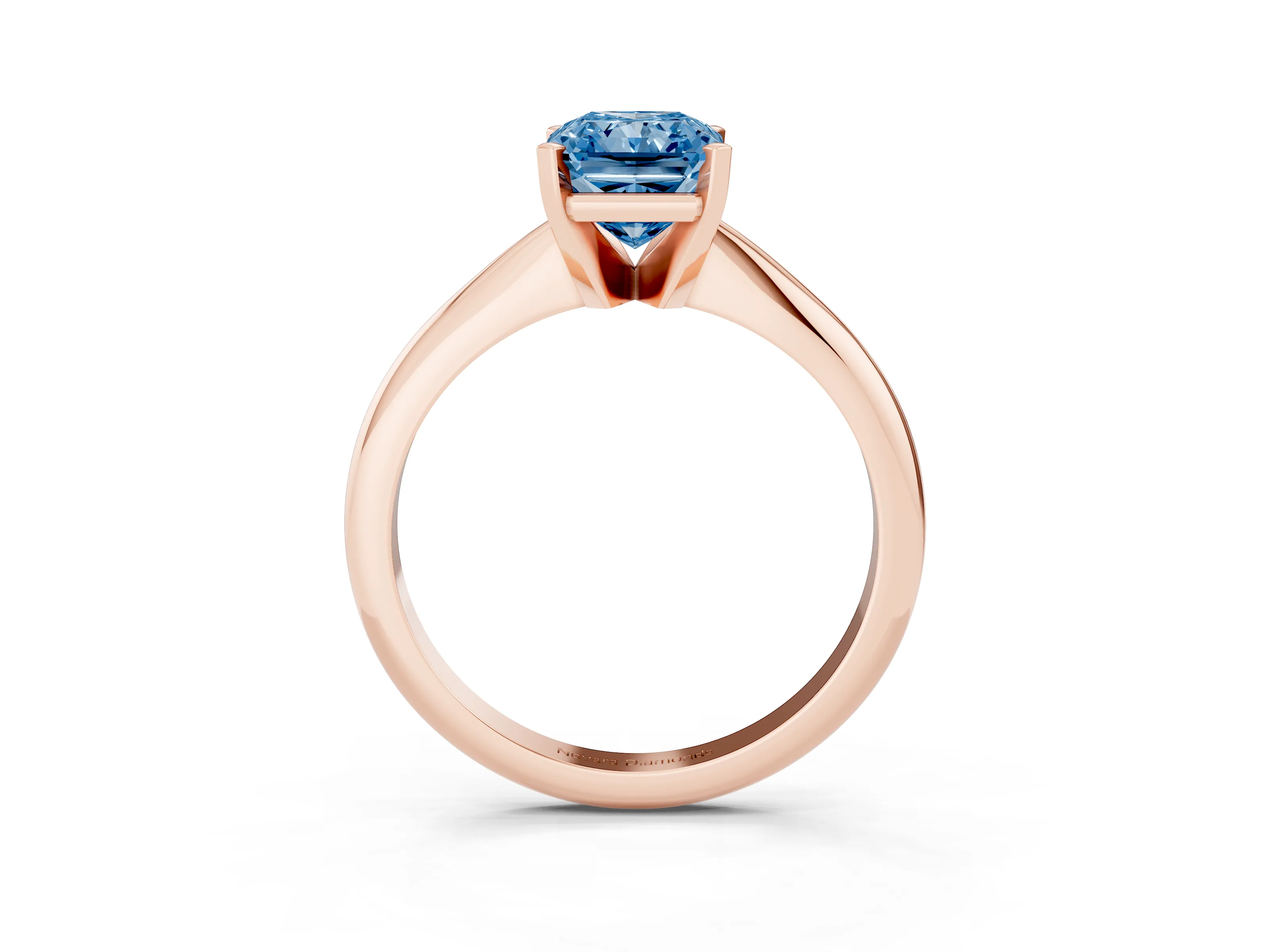 Fancy Blue Radiant Cut Diamond Solitaire Ring Set in Rose gold with Prong Setting on a Plain Round Band