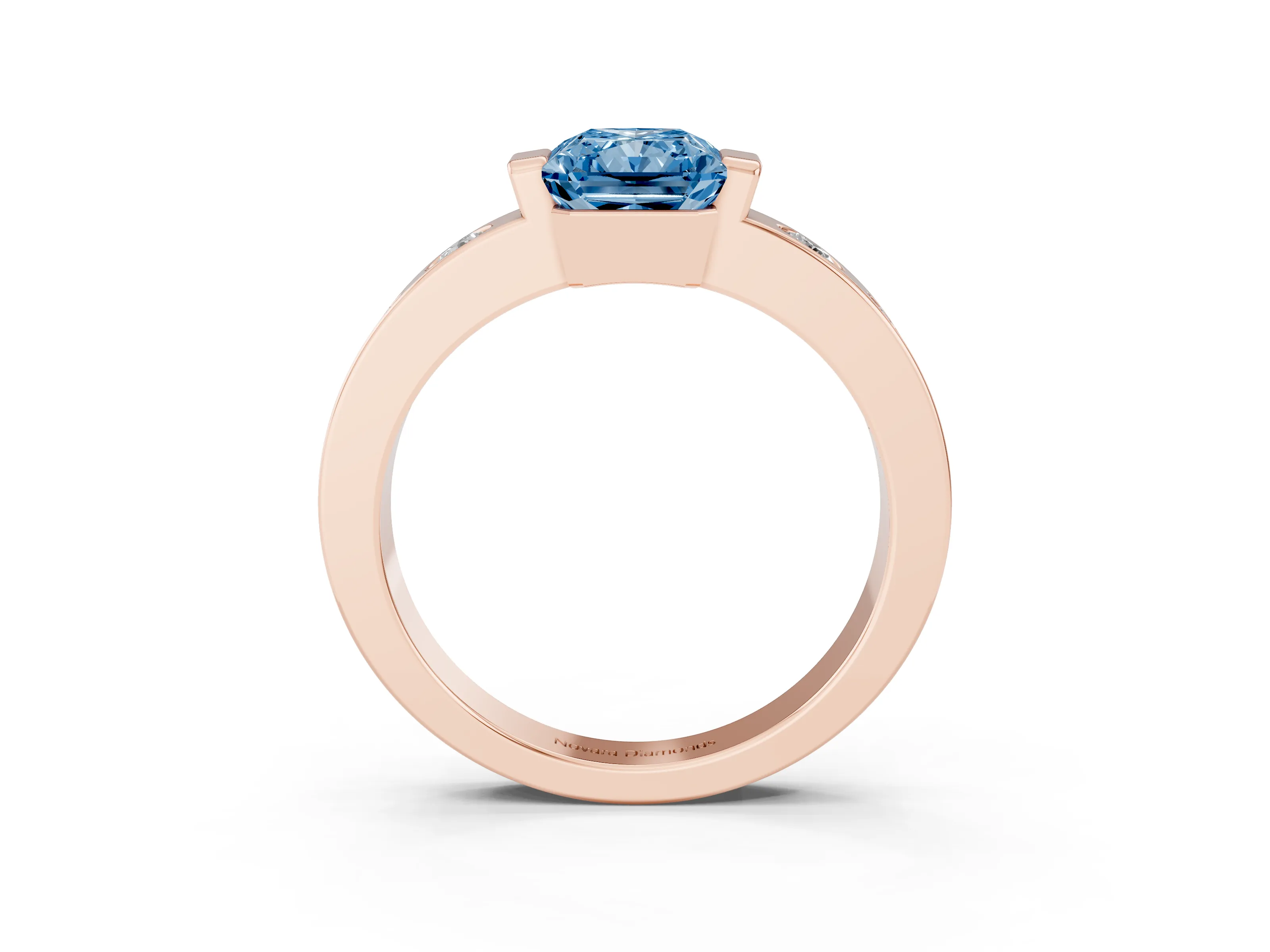 Fancy Blue Radiant Cut Diamond Channel-Set Band Ring Set in Rose gold with Bezel Prong Setting