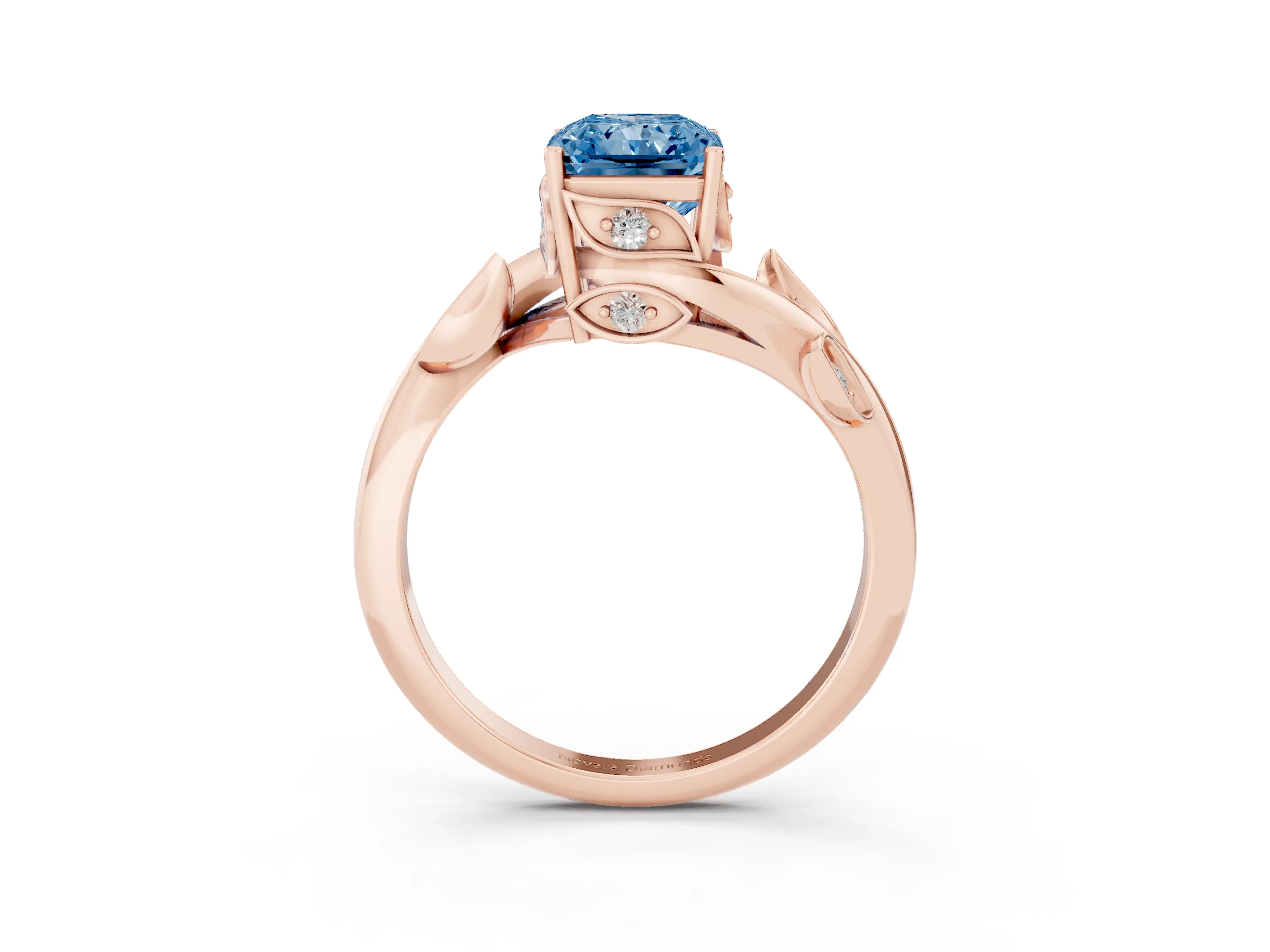 Fancy Blue Radiant Cut Diamond Solitaire Twist Engagement Ring Set in Rose gold with Pavé Leaf Accents