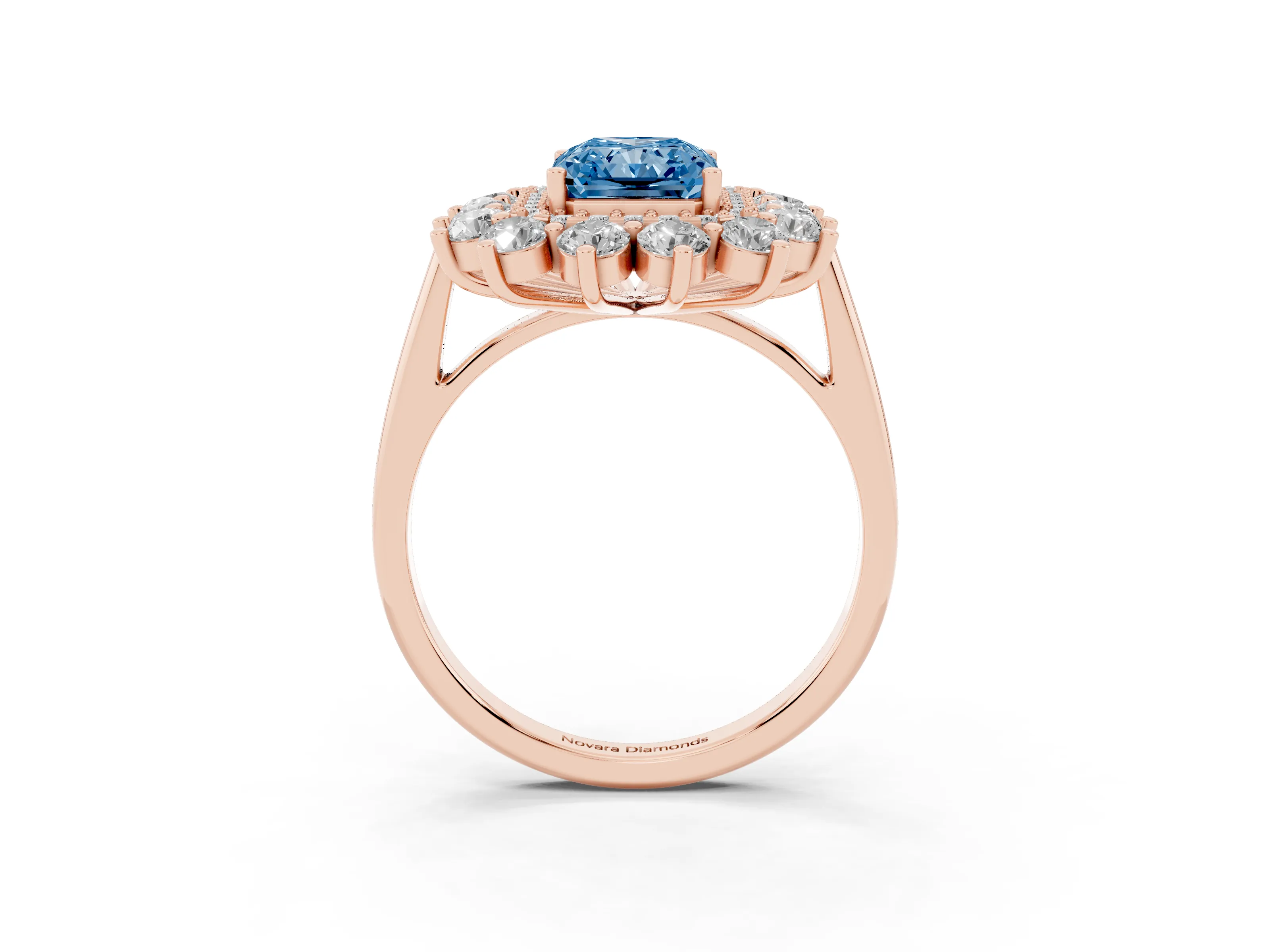 Fancy Blue Radiant Cut Diamond Floral Double Halo Ring Set in Rose gold with Round Petals