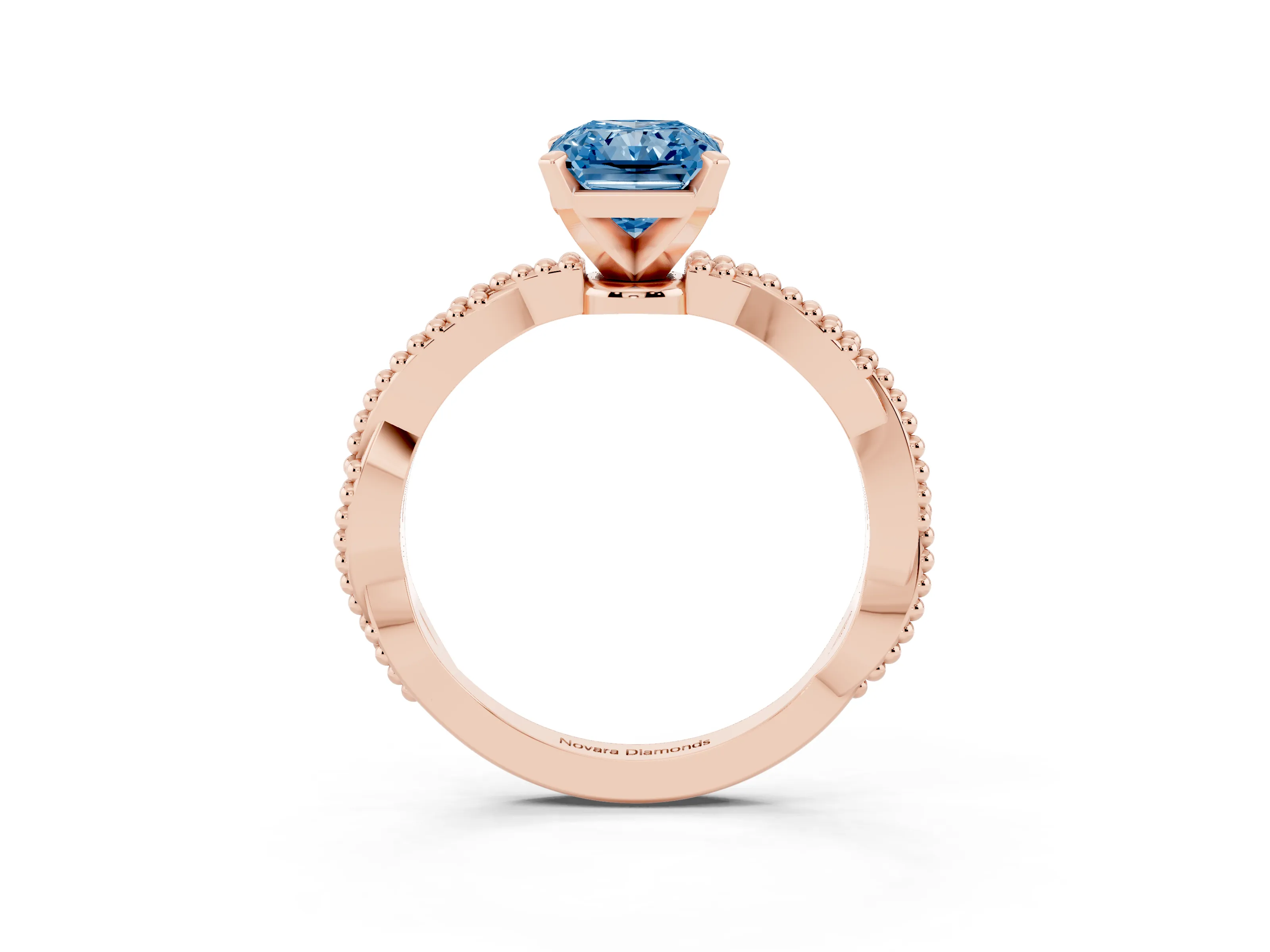 Fancy Blue Radiant Cut Diamond Solitaire Ring Set in Rose gold with Twisted Band and Bead Prong Setting