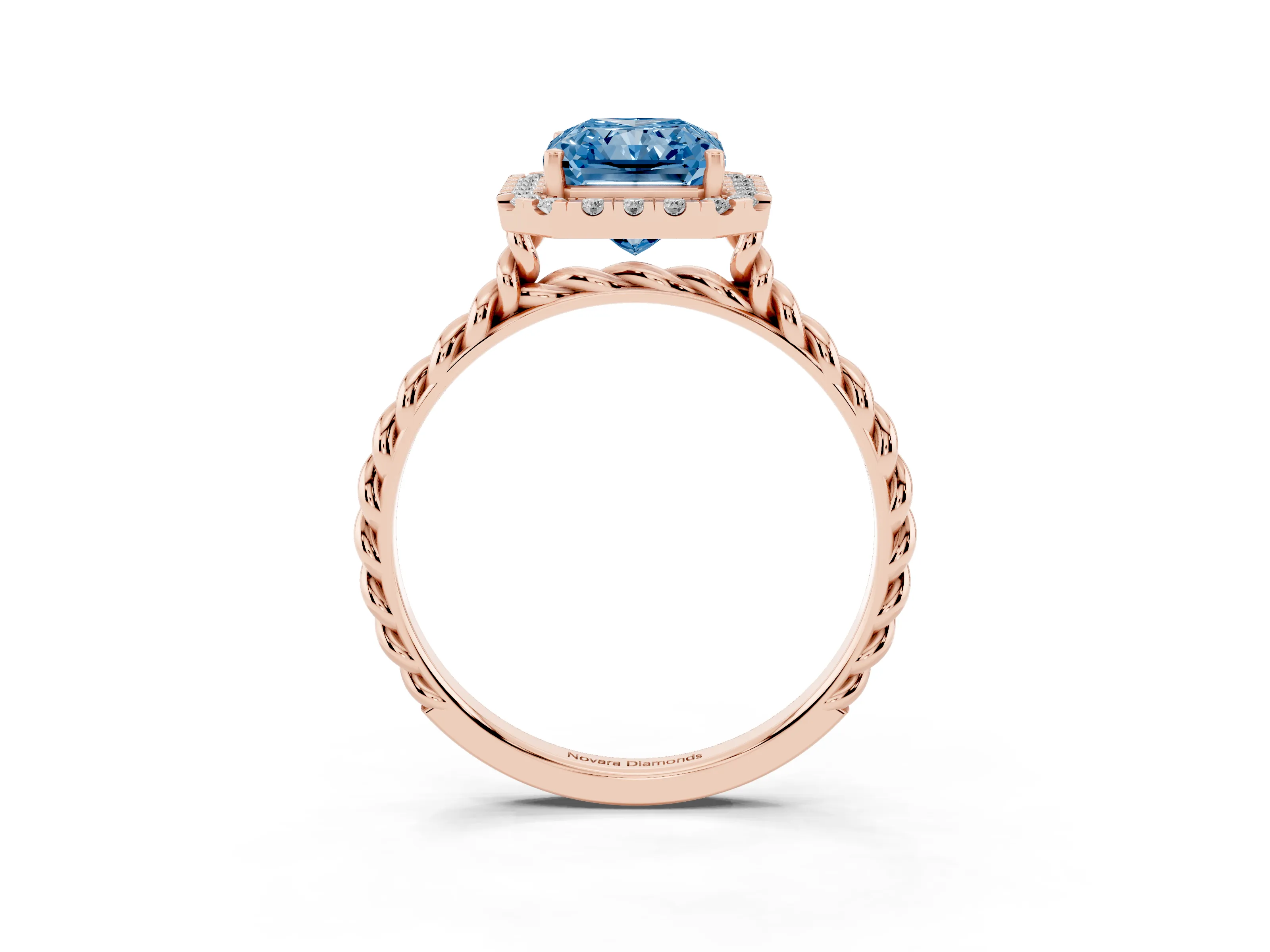Fancy Blue Radiant Cut Diamond Halo Ring Set in Rose gold with Plain Twisted Band