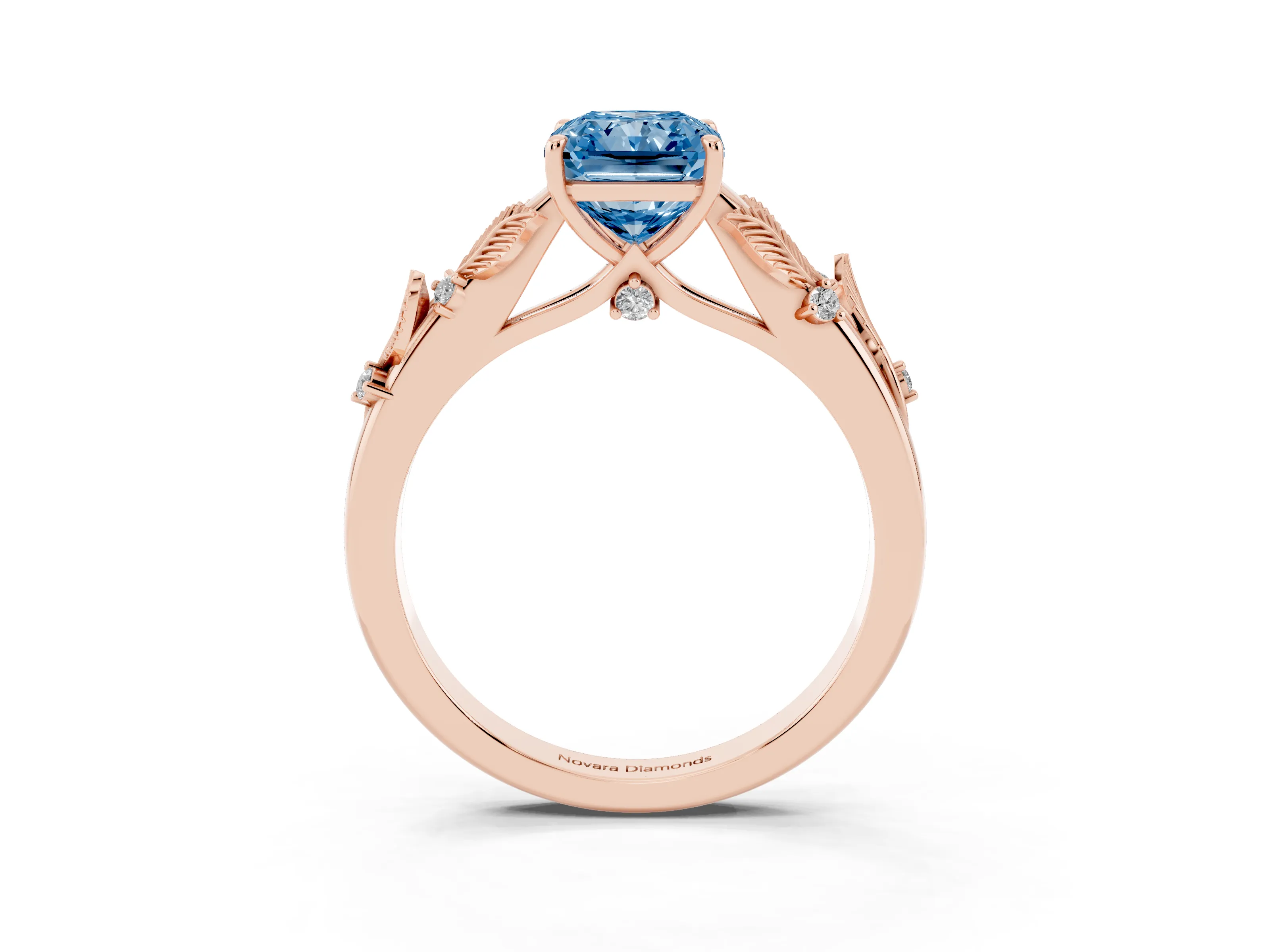Fancy Blue Radiant Cut Diamond Solitaire Ring Set in Rose gold with Leaf Motif Band