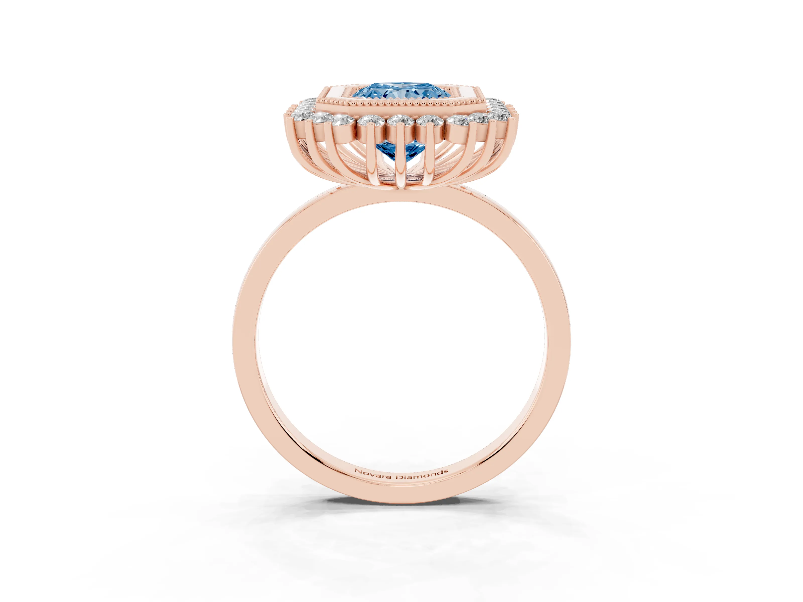 Fancy Blue Radiant Cut Diamond Halo Ring Set in Rose gold with Milgrain Edge and Round Prong Setting