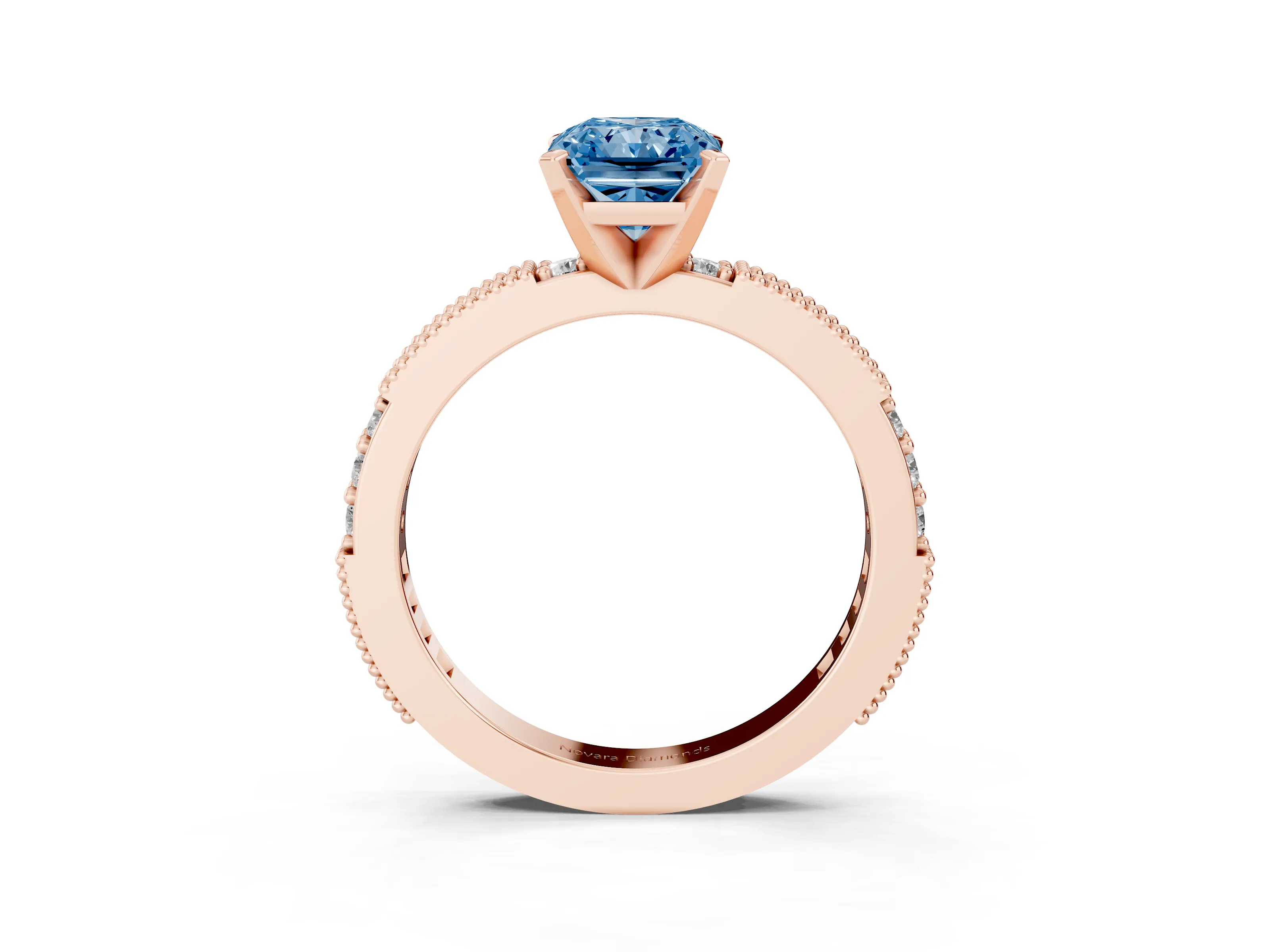 Fancy Blue Radiant Cut Diamond Solitaire Ring Set in Rose gold with Slim Pavé Band and Prong Setting
