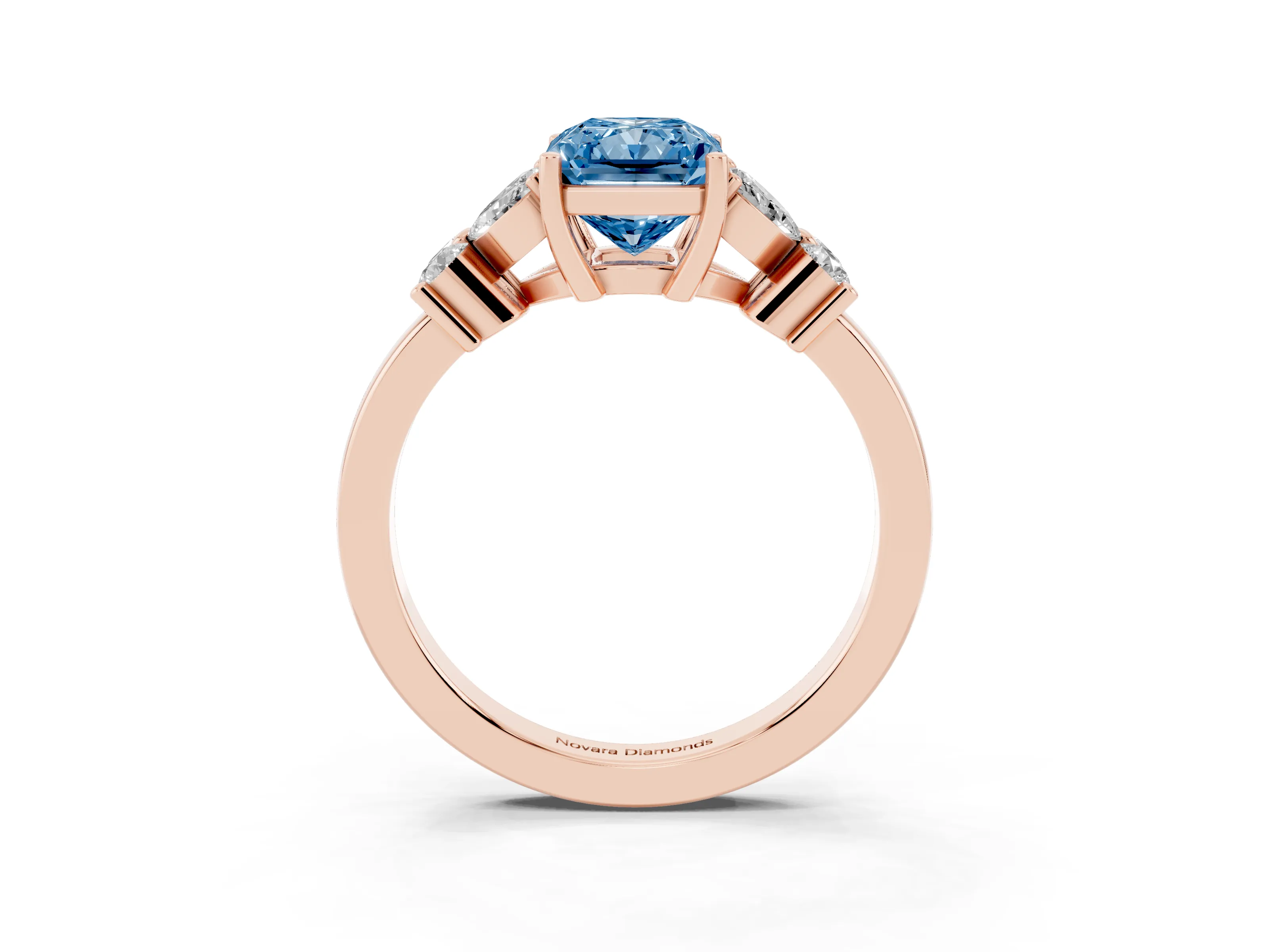 Fancy Blue Radiant Cut Diamond Floral Cluster Ring Set in Rose gold with Marquise Petals and Prong Setting