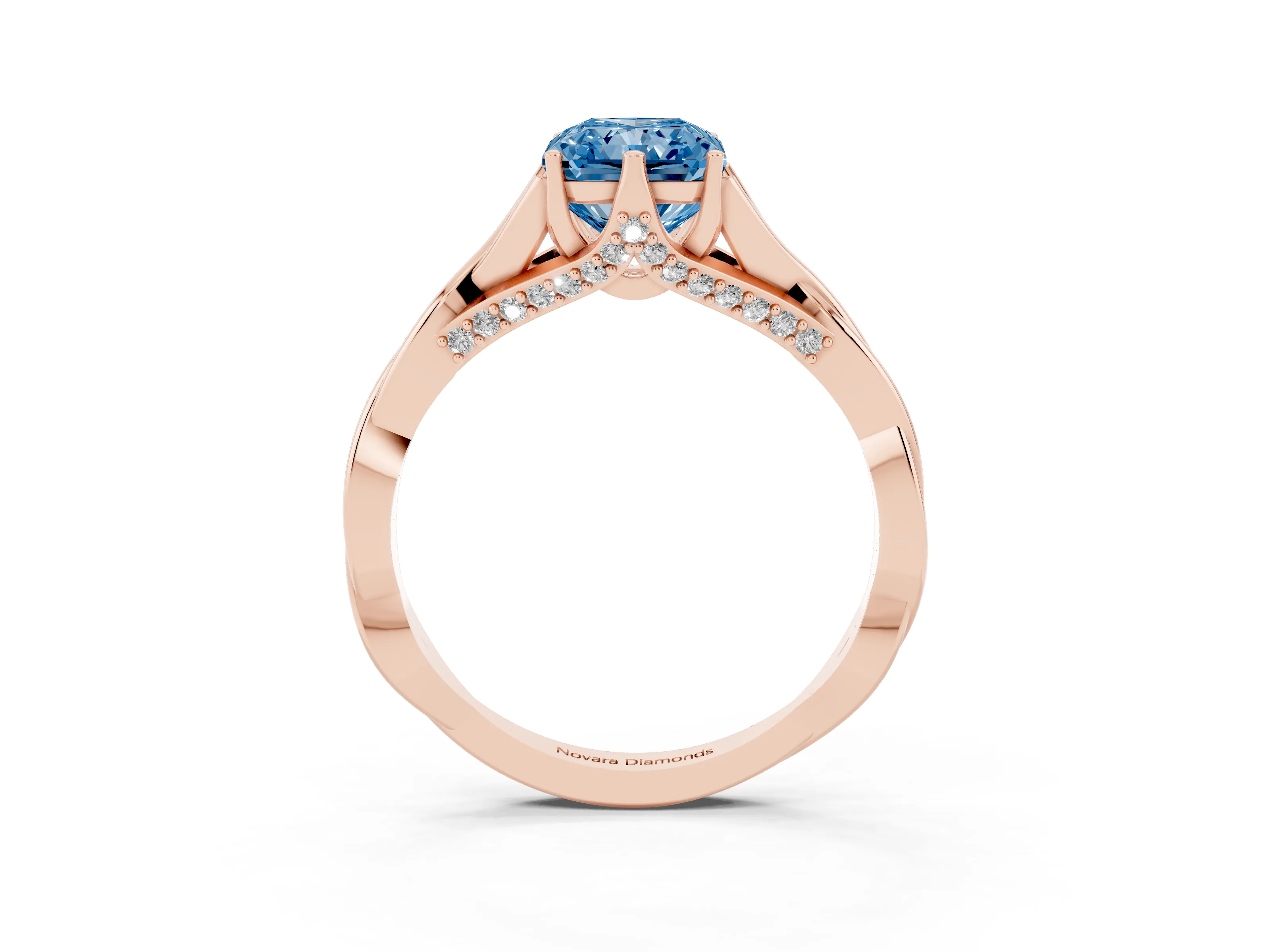 Fancy Blue Radiant Cut Diamond Intertwined Twist Band Solitaire Ring Set in Rose gold with Prong Setting