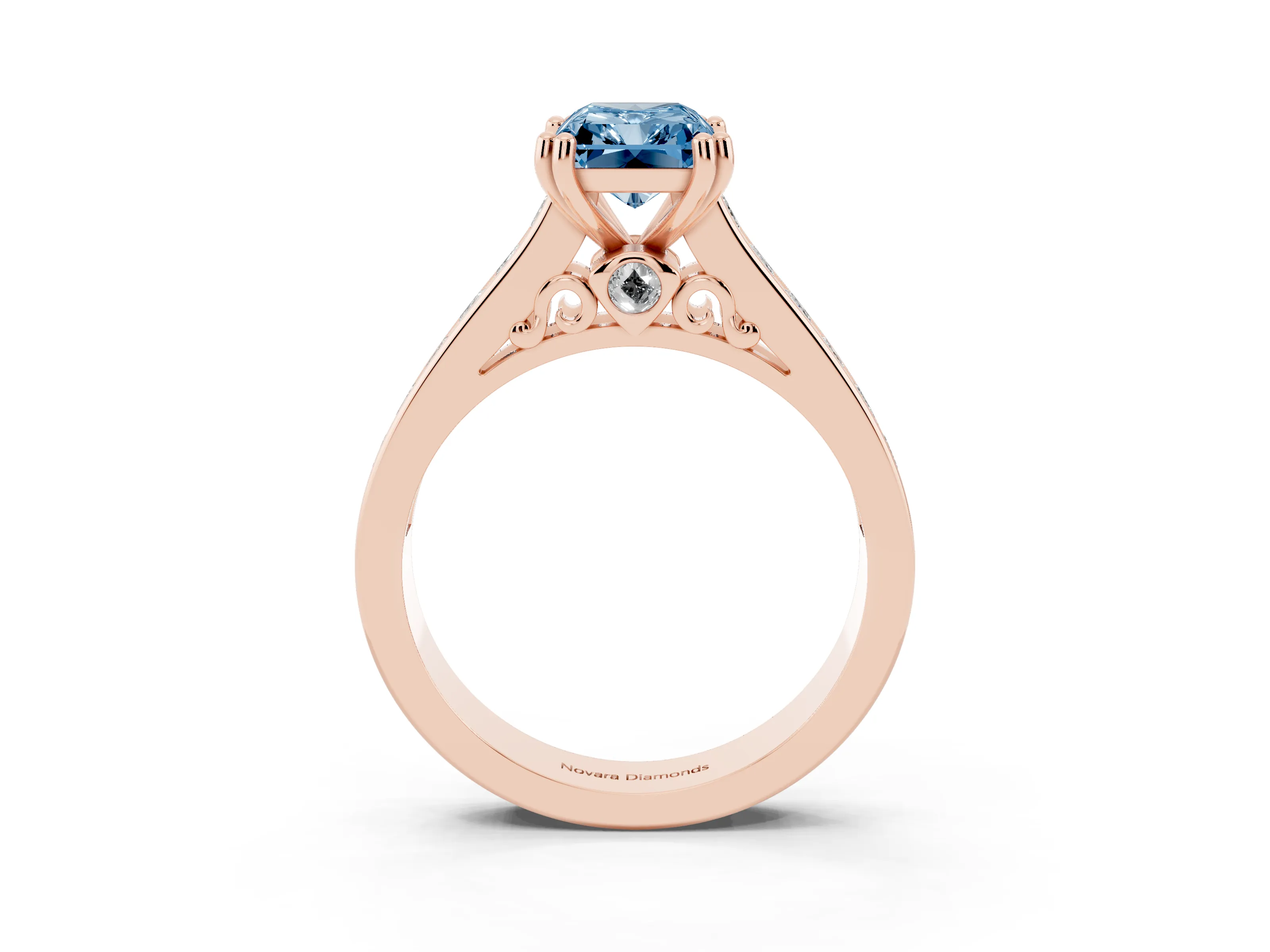 Fancy Blue Radiant Cut Diamond Channel Set Solitaire Engagement Ring Set in Rose gold with Prong Setting