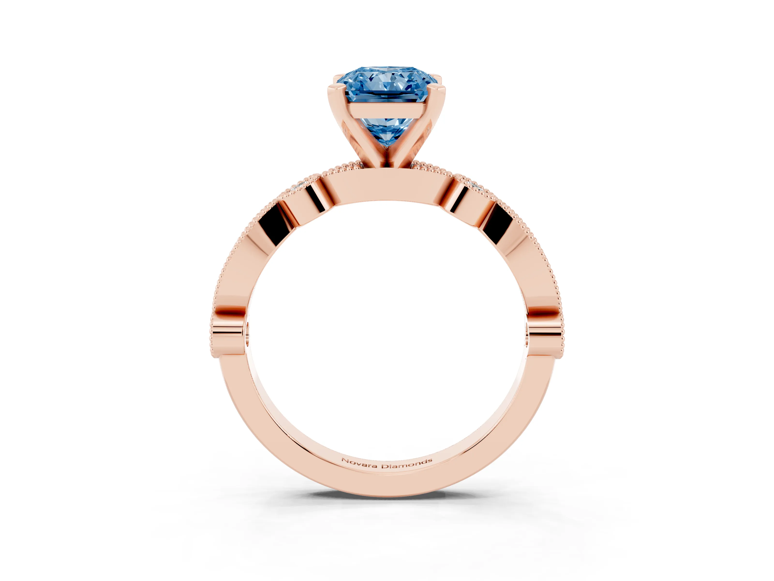 Fancy Blue Radiant Cut Diamond Solitaire Engagement Ring Set in Rose gold with Milgrain Bezel Accent Band