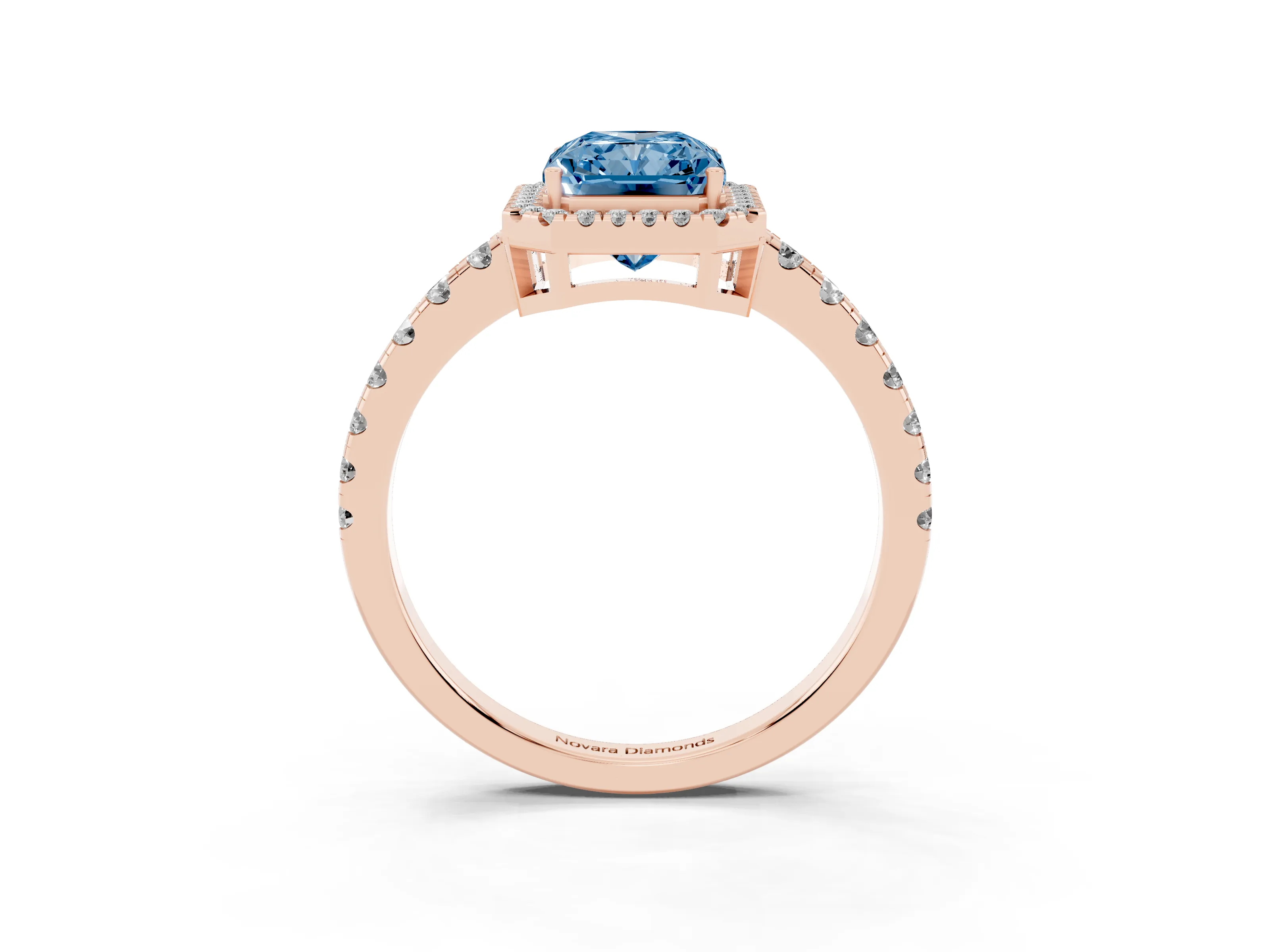 Fancy Blue Radiant Cut Diamond Halo Ring Set in Rose gold with Delicate Pavé Band and Prong Setting