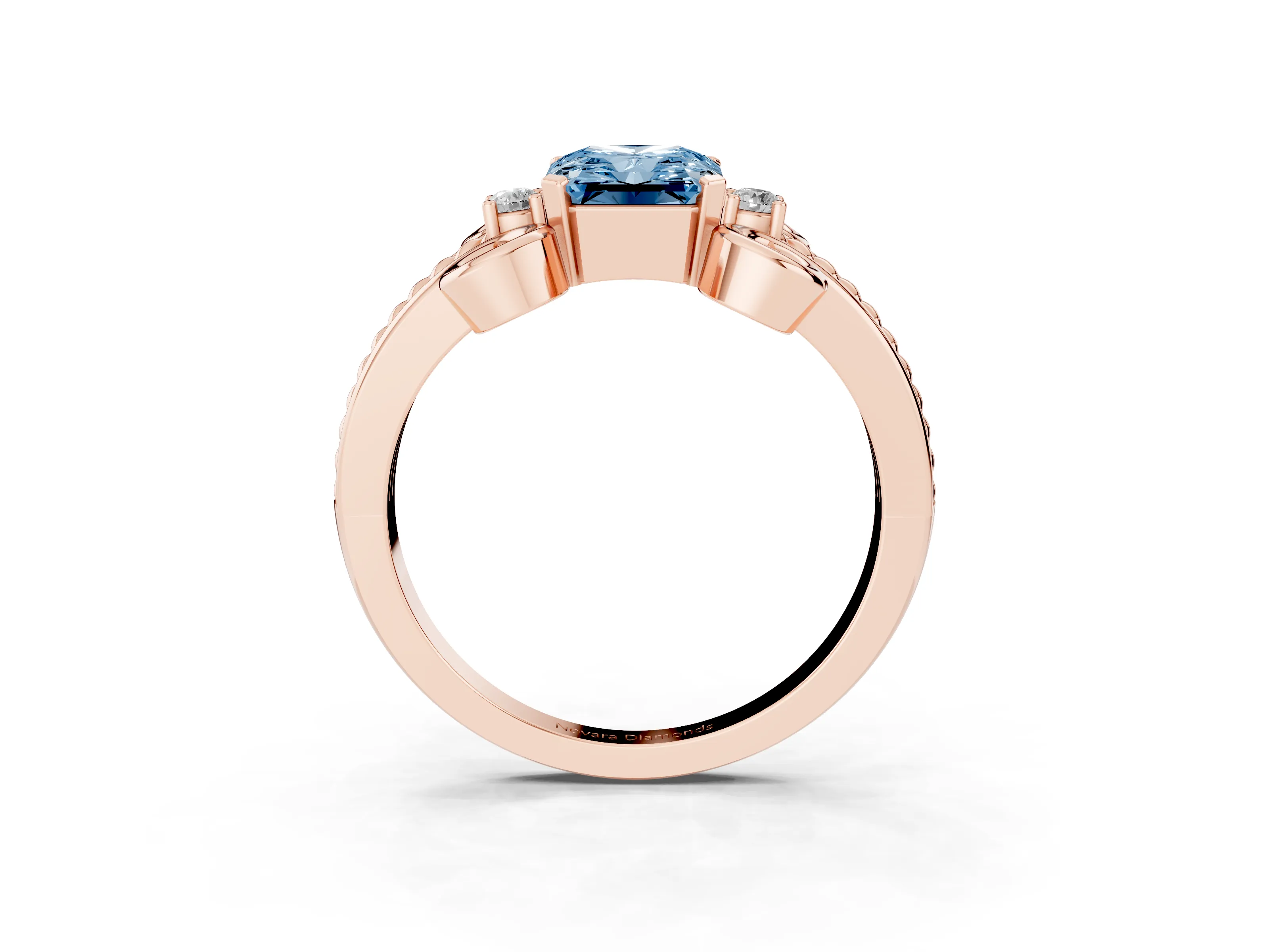 Fancy Blue Radiant Cut Diamond Twisted Band Solitaire Ring Set in Rose gold with Scroll Prongs