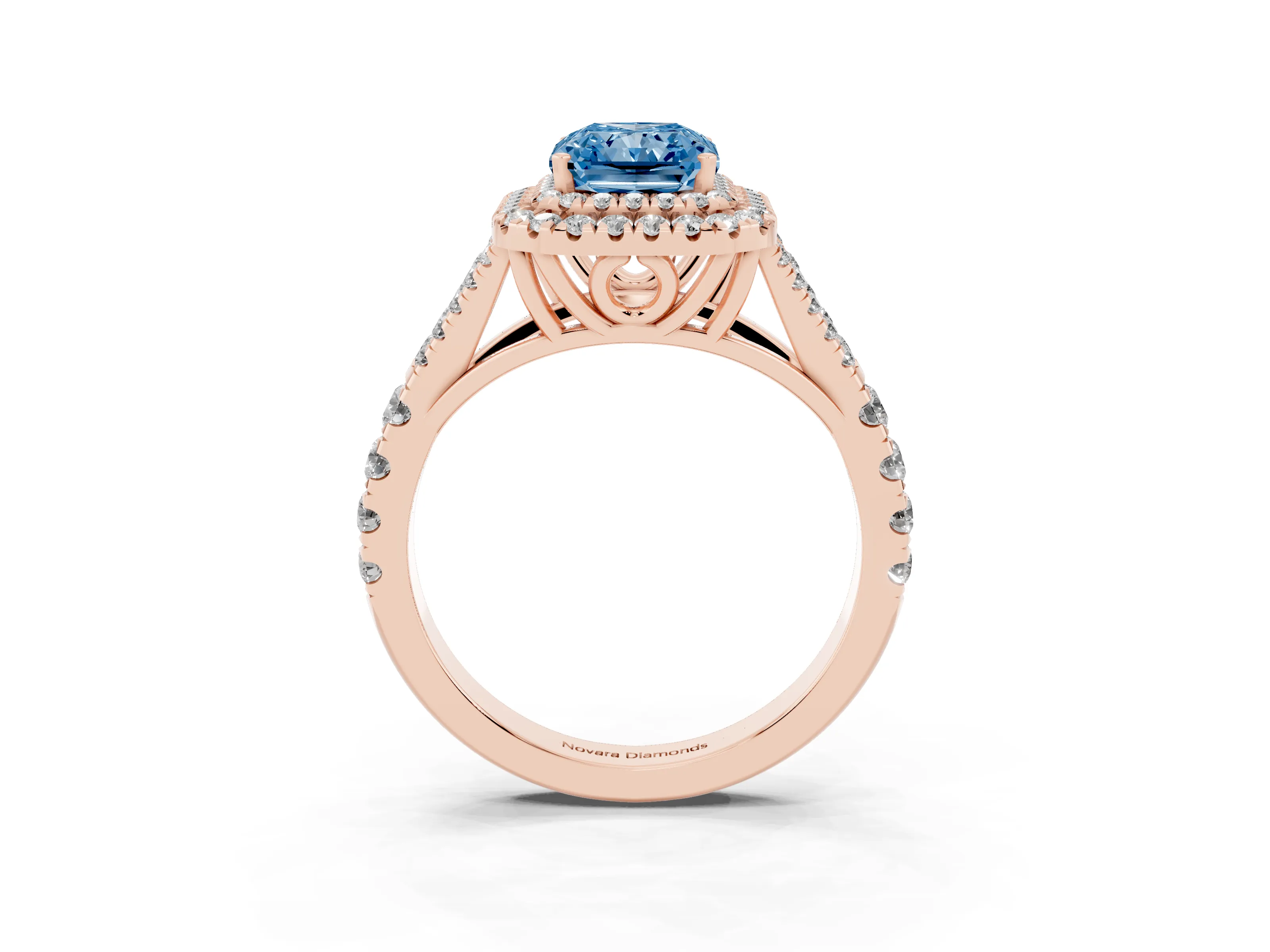 Fancy Blue Radiant Cut Diamond Pavé Split Shank Double Halo Engagement Ring Set in Rose gold