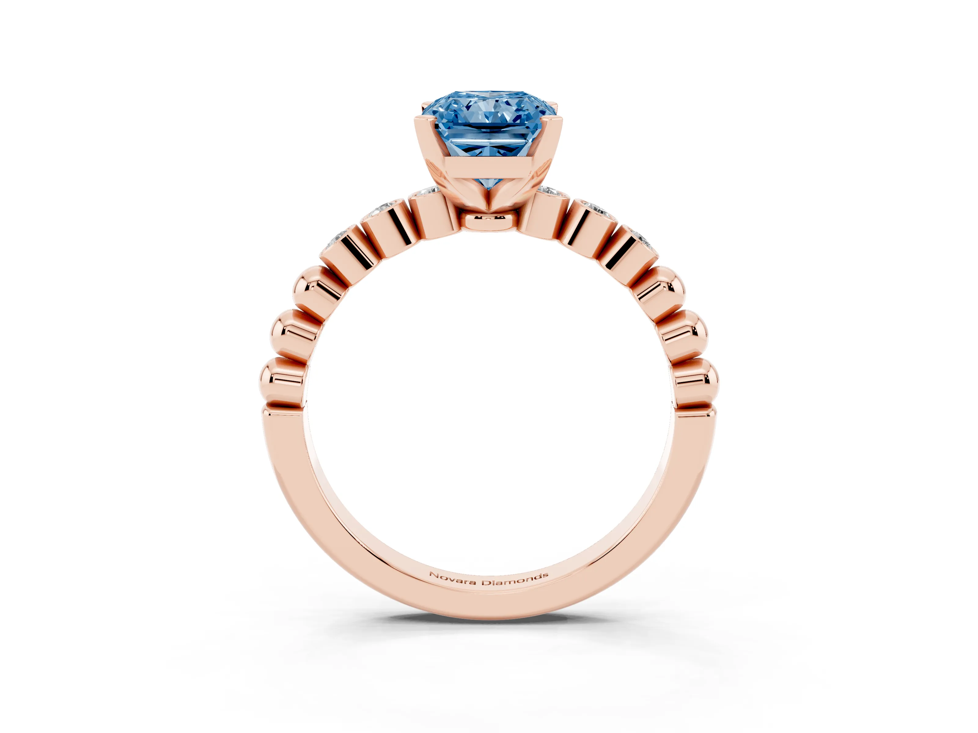 Fancy Blue Radiant Cut Diamond Solitaire Engagement Ring Set in Rose gold with Bezel Accents on Beaded Band
