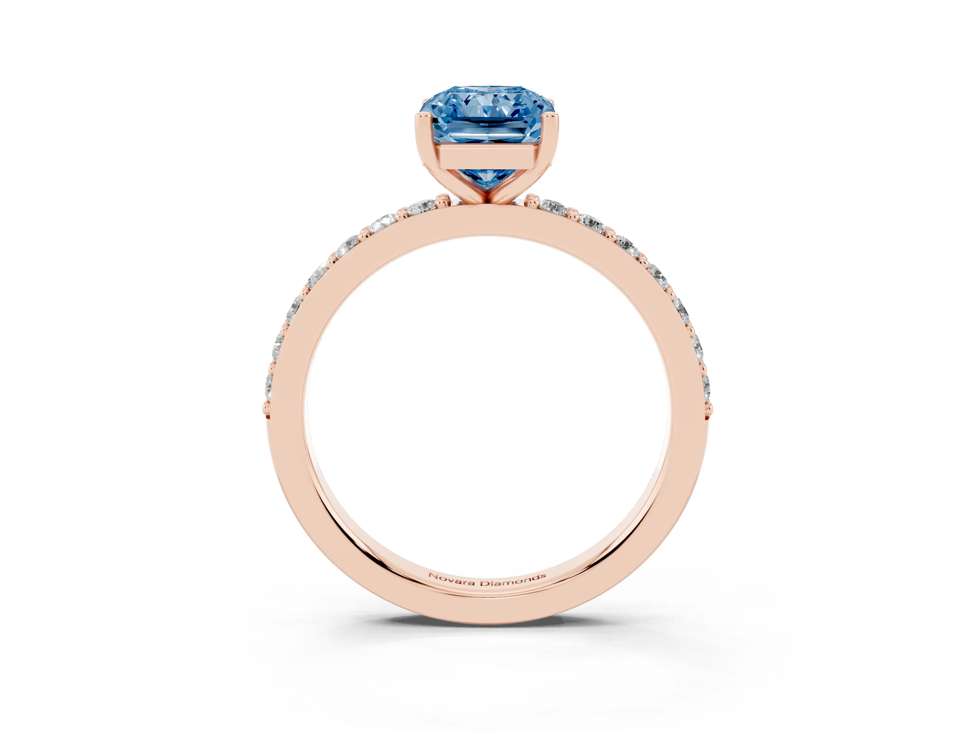 Fancy Blue Radiant Cut Diamond Solitaire Set in Rose gold with Round Pavé Band and Prong Setting