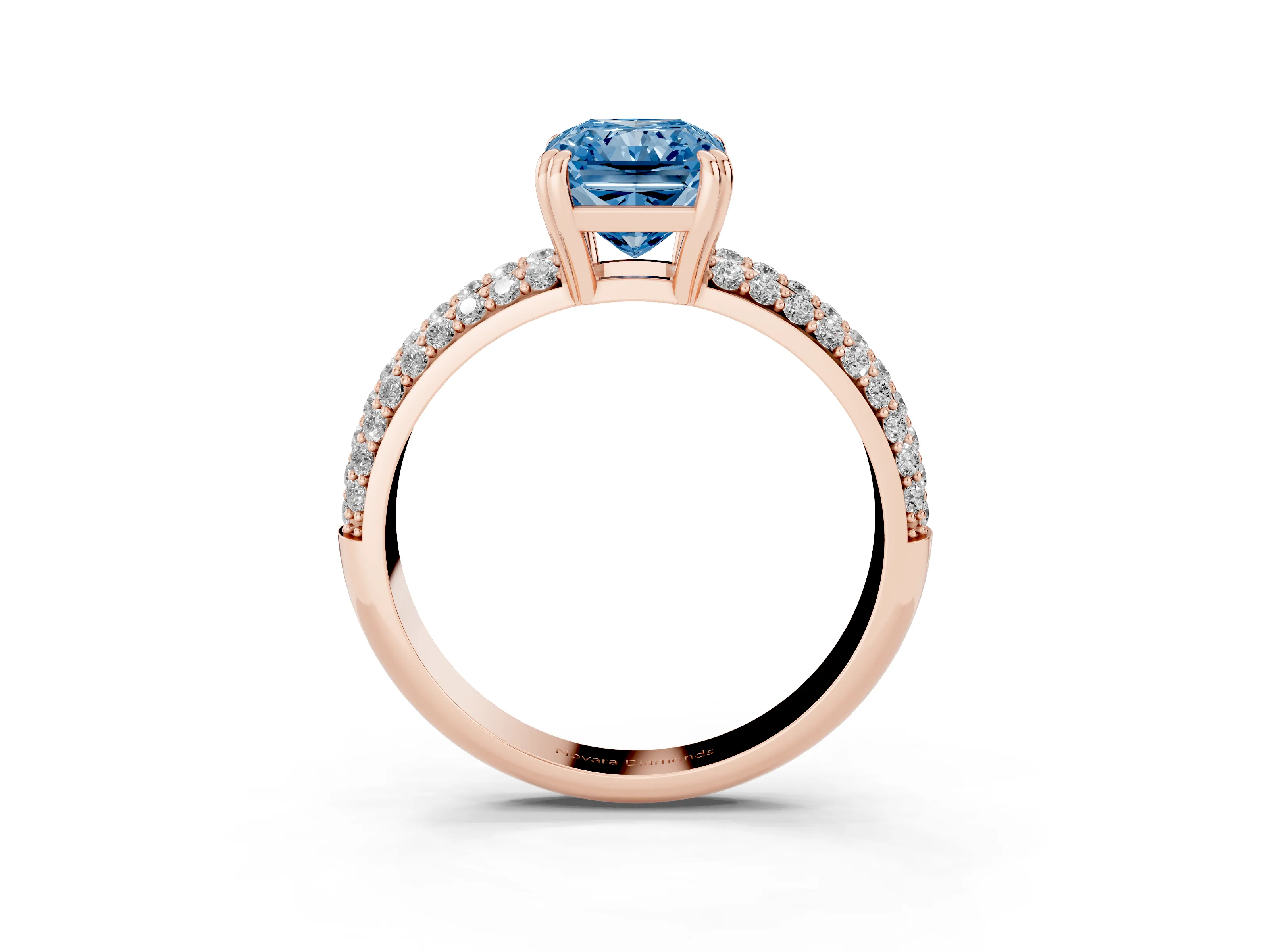 Fancy Blue Radiant Cut Diamond Solitaire Ring Set in Rose gold with Multi-Row Round Pavé Band and Prong Setting
