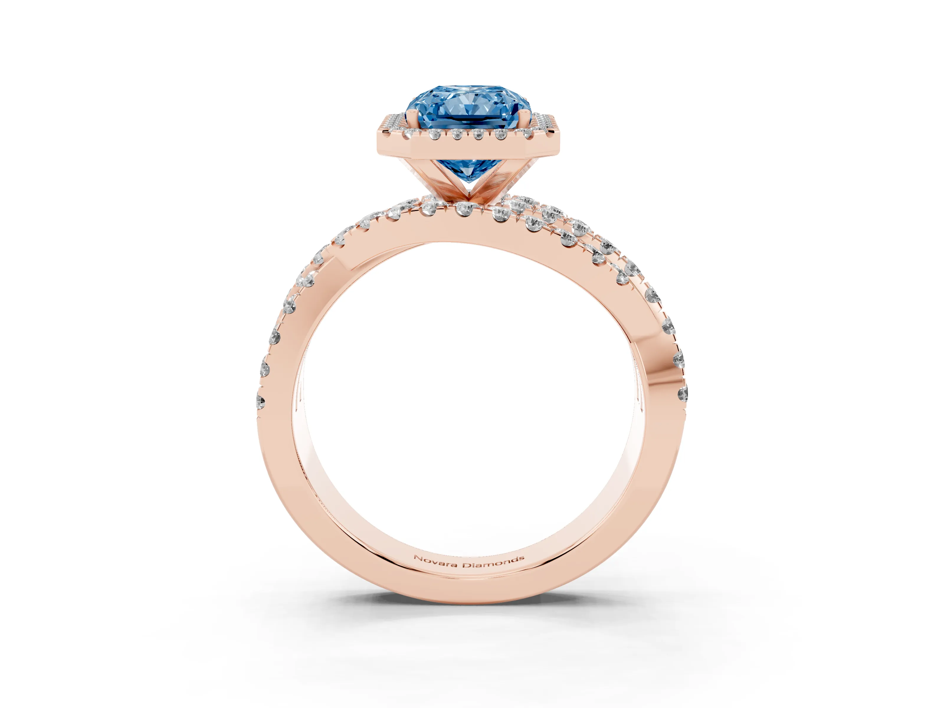 Fancy Blue Radiant Cut Diamond Halo Ring Set in Rose gold with Round Crossover Split Shank and Prong Setting