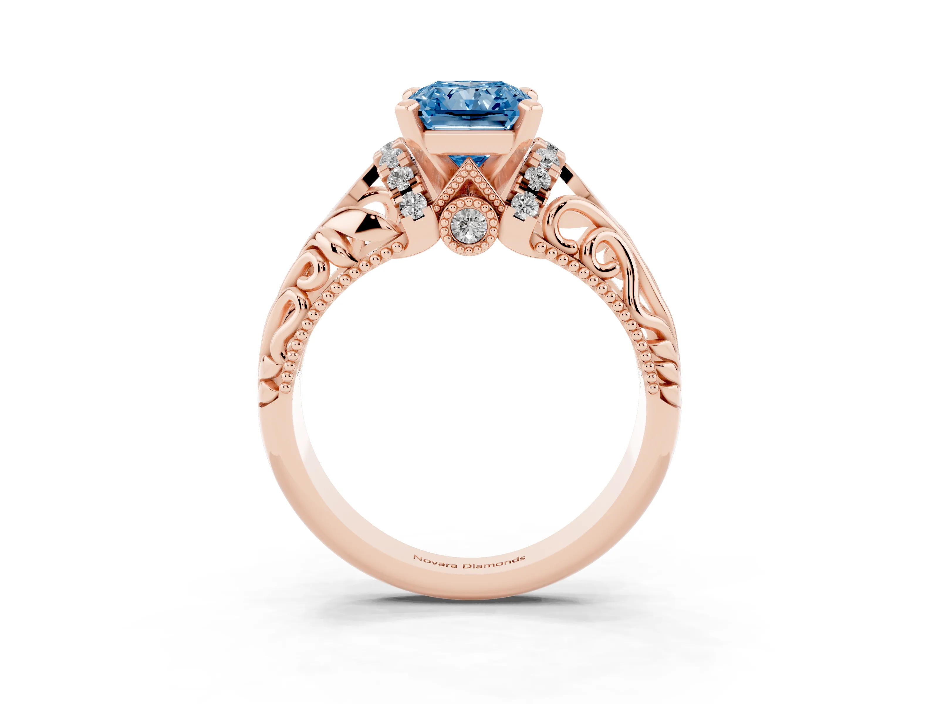 Fancy Blue Radiant Cut Diamond Filigree Halo Engagement Ring Set in Rose gold with Prong Setting