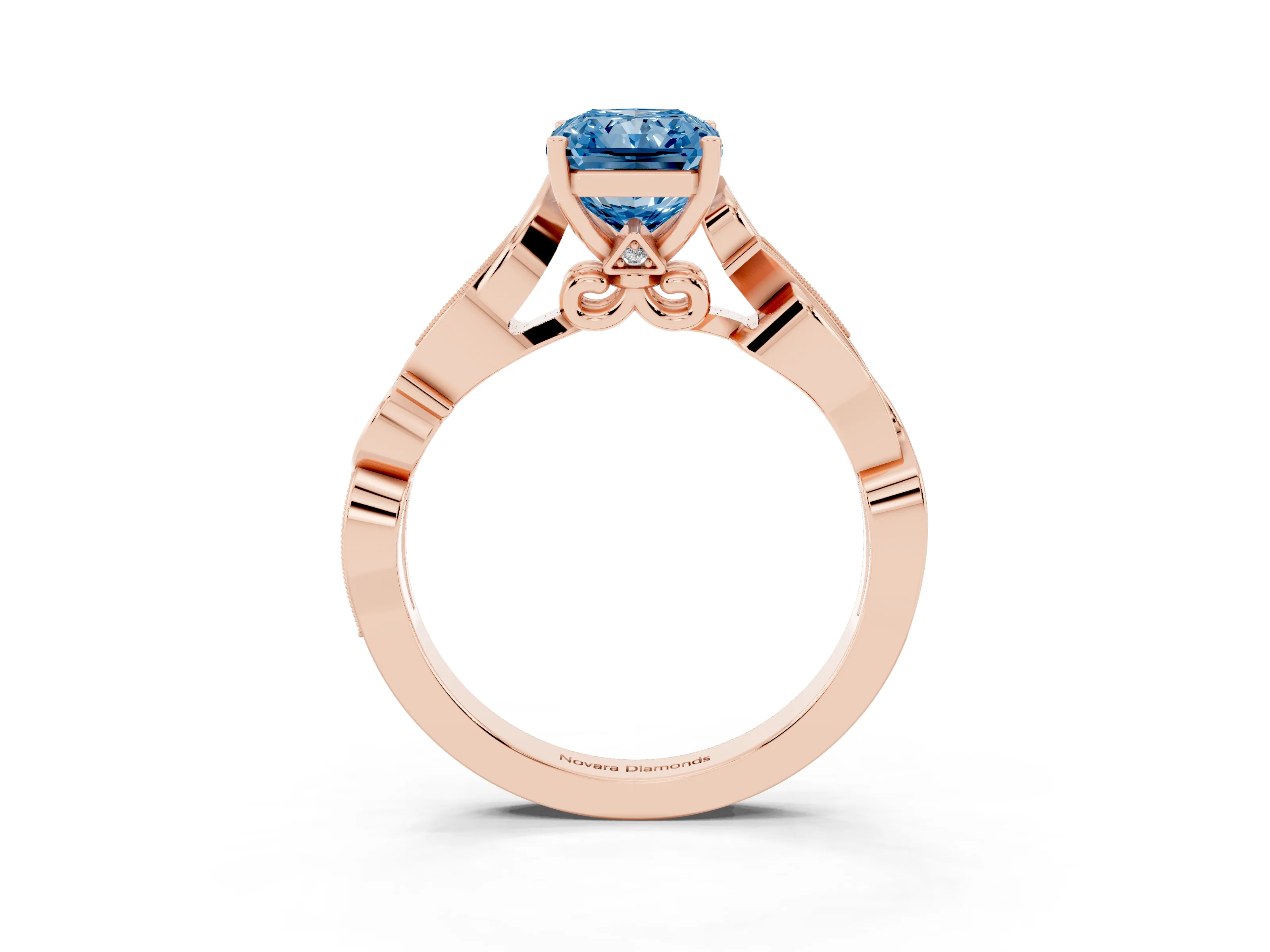 Fancy Blue Radiant Cut Diamond Vine Band Solitaire Ring Set in Rose gold with Milgrain Prong Setting