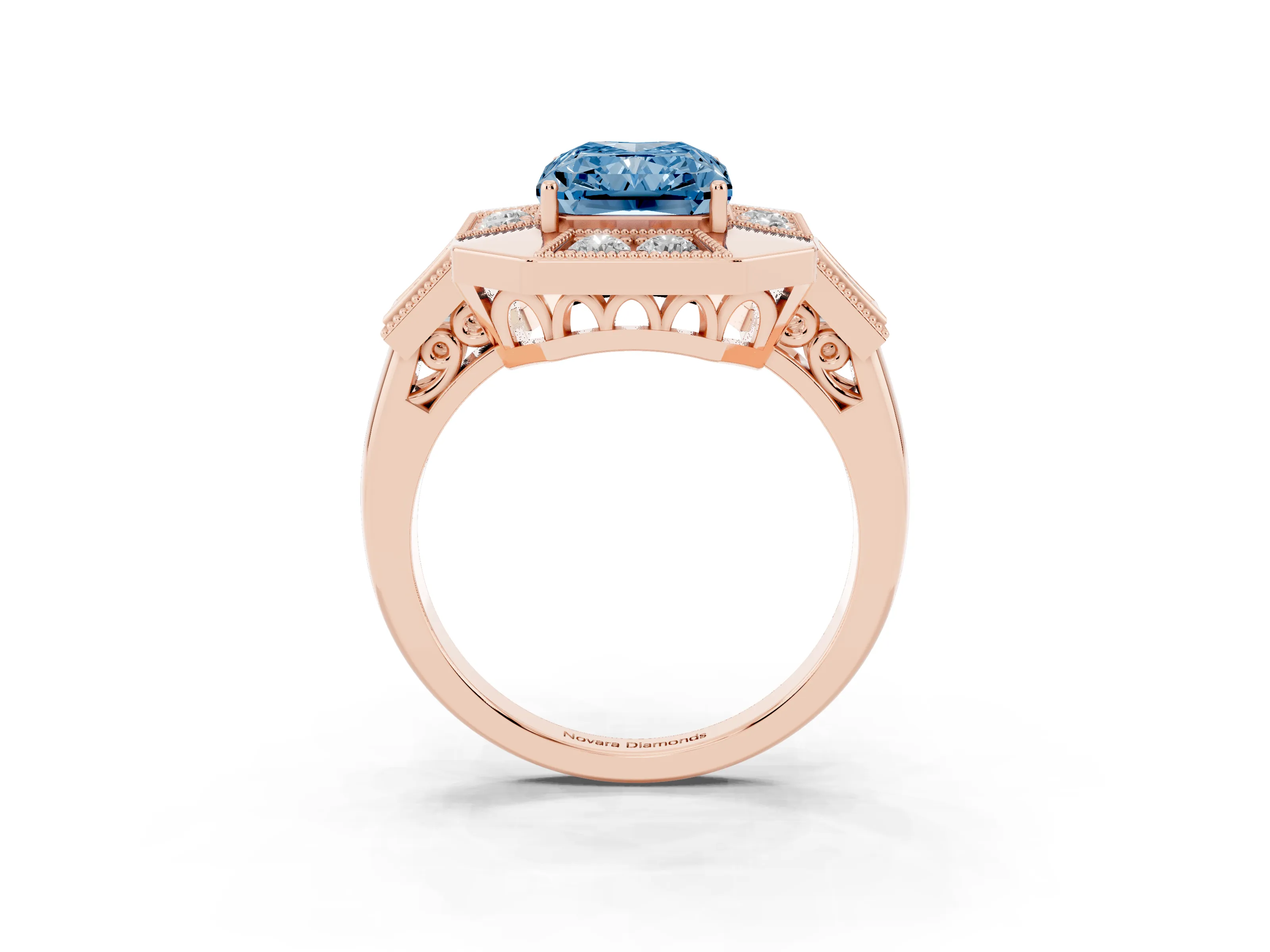 Fancy Blue Radiant Cut Diamond Milgrain Halo Ring Set in Rose gold with Split Shank