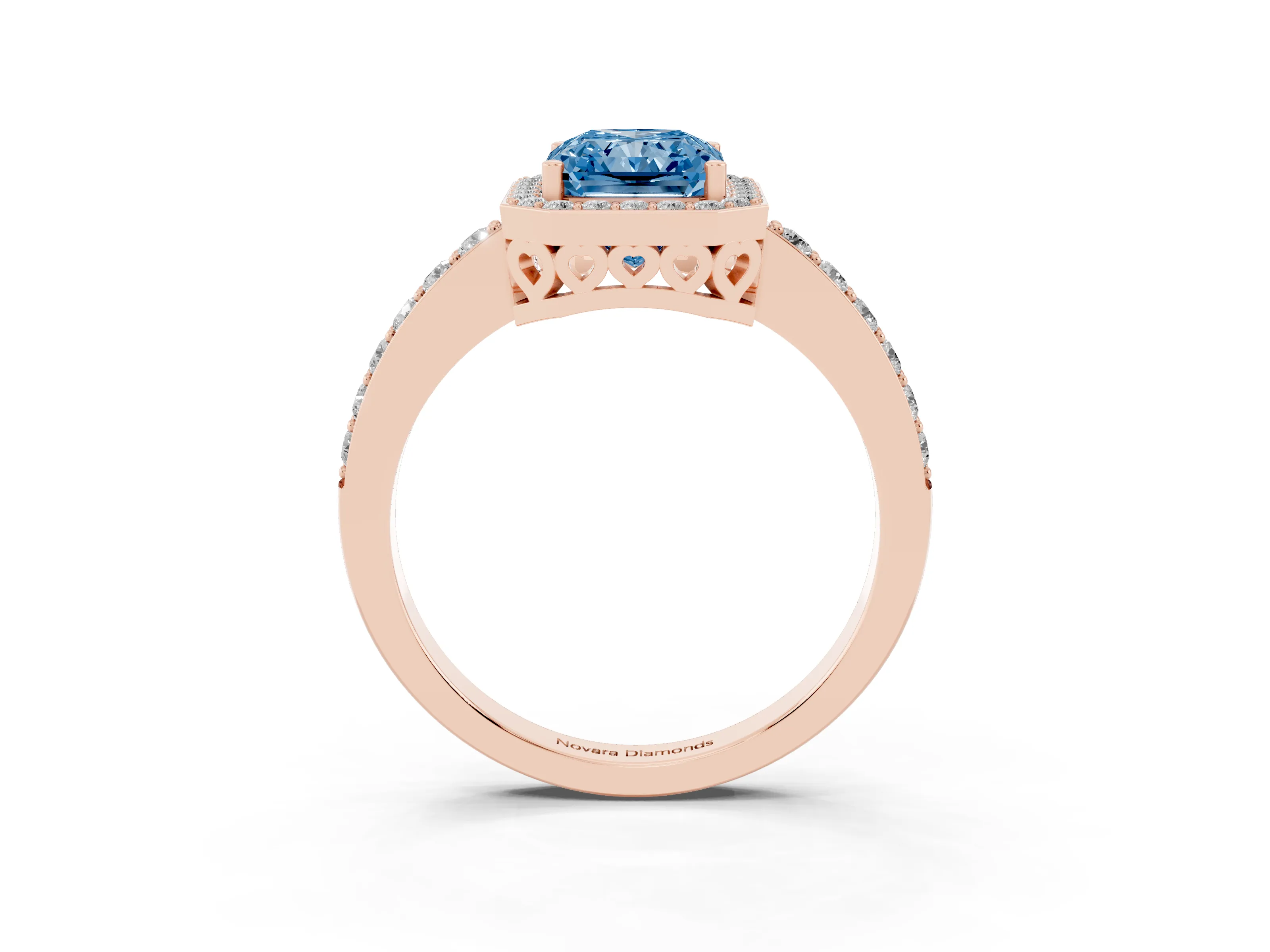 Fancy Blue Radiant Cut Diamond Halo Ring Set in Rose gold with Pavé-Setting Band and Open Prong Center