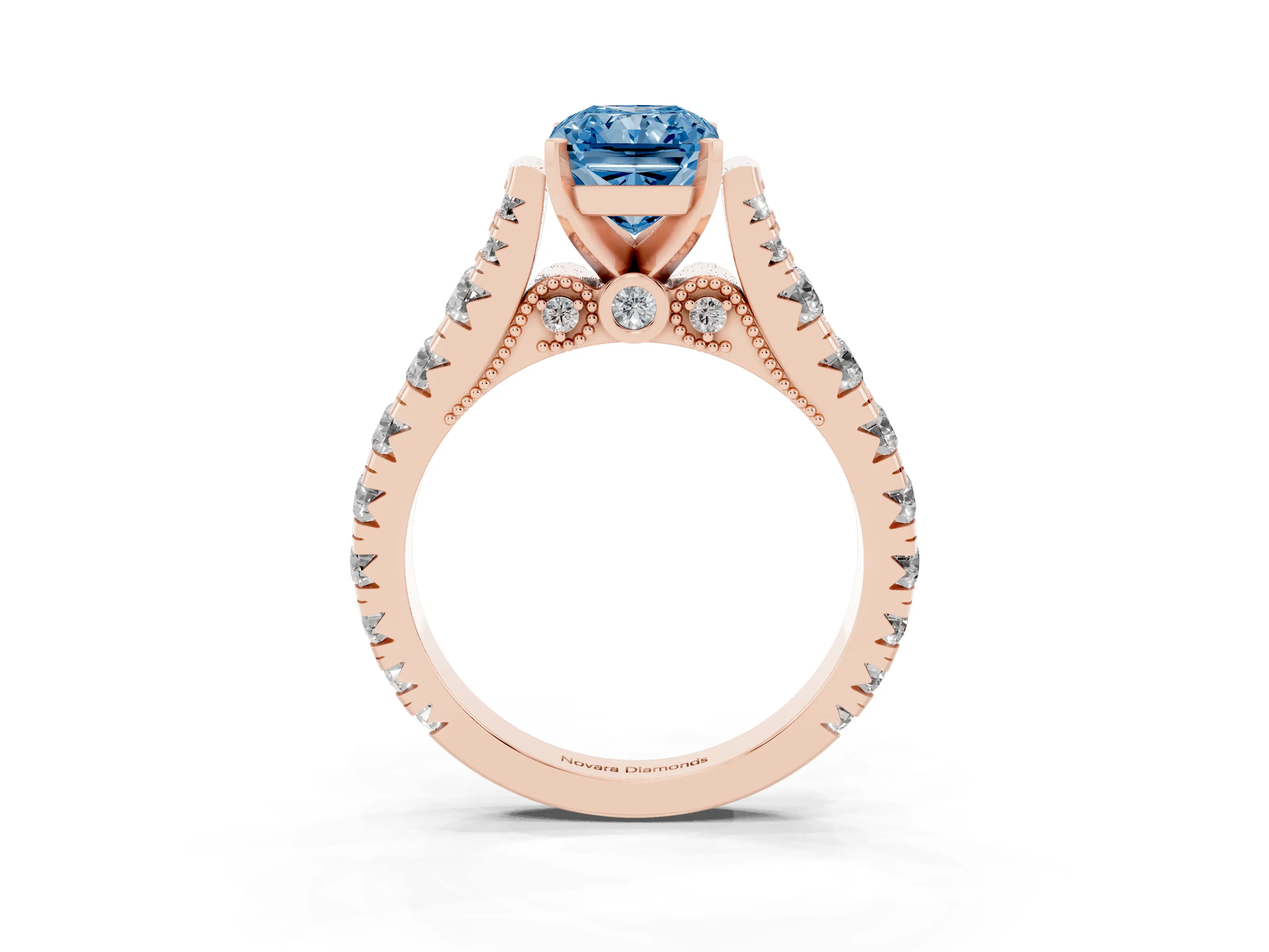 Fancy Blue Radiant Cut Diamond Classic Solitaire Ring Set in Rose gold with Pavé Band and Prong Setting