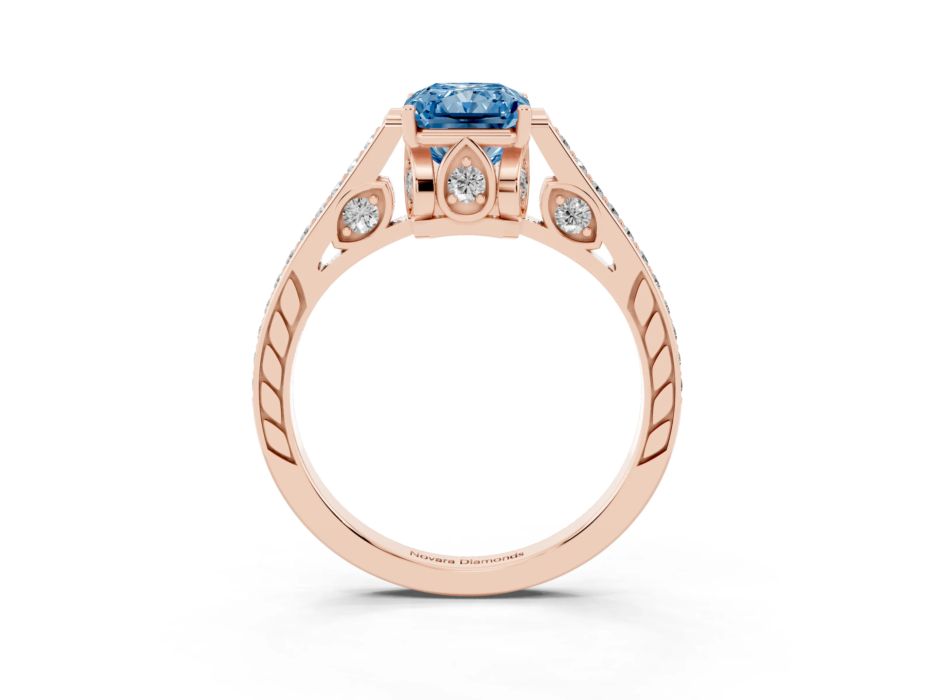 Fancy Blue Radiant Cut Diamond Cathedral Pavé Engagement Ring Set in Rose gold with Prong Setting