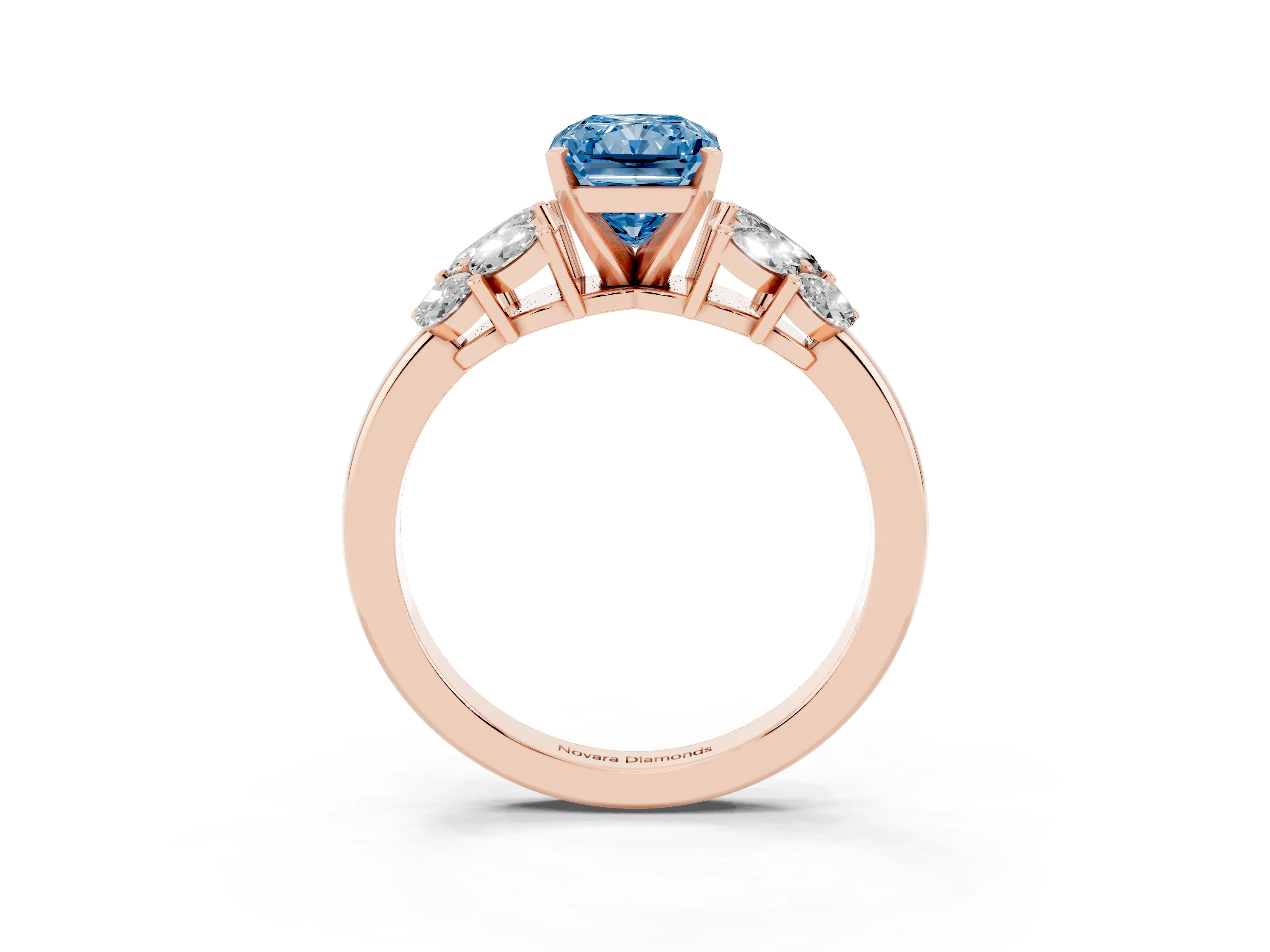 Fancy Blue Radiant Cut Diamond Cluster Leaf Design Ring Set in Rose gold with Prong Setting