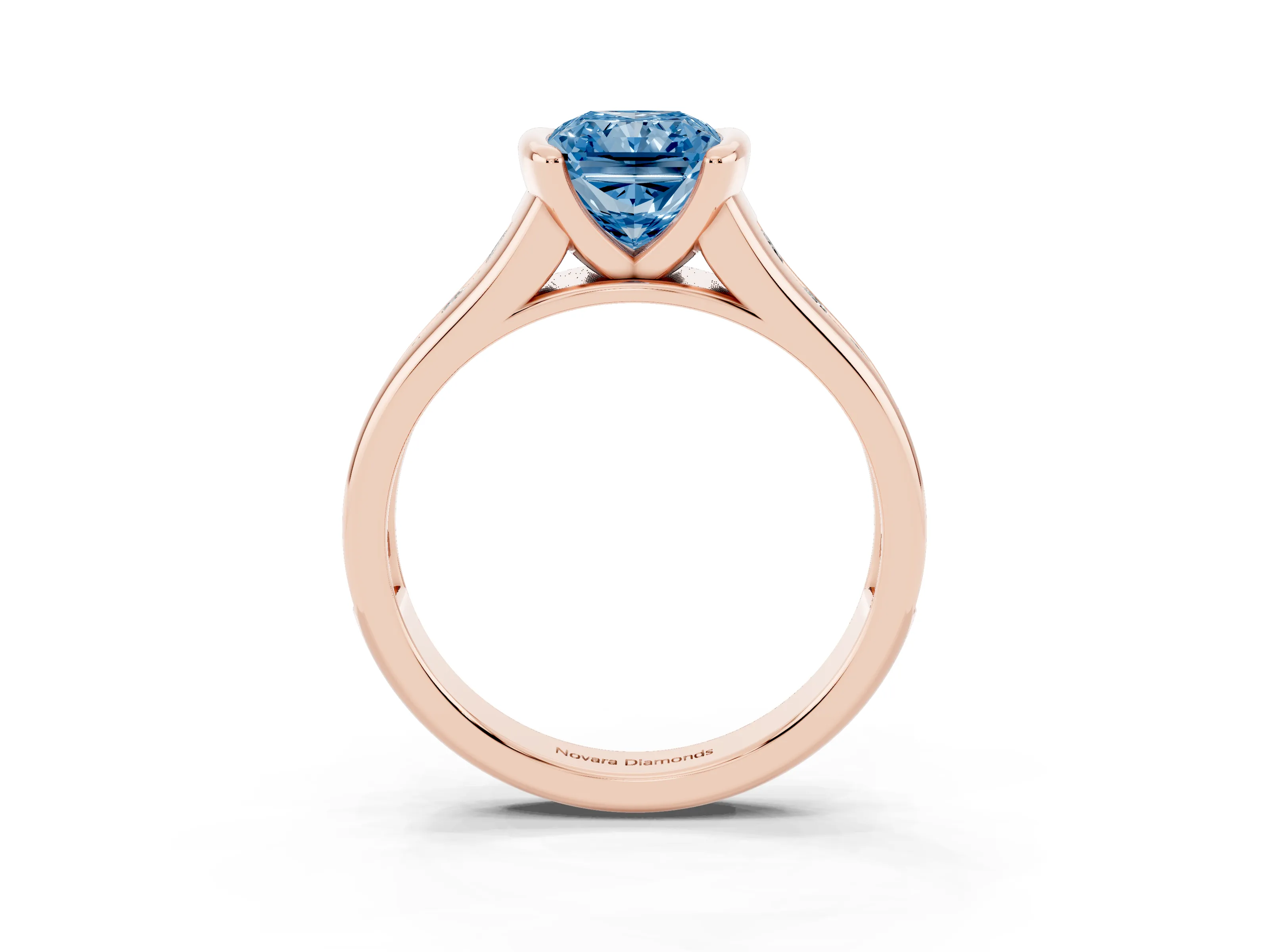 Fancy Blue Radiant Cut Diamond Bezel-Set Solitaire Ring Set in Rose gold with Channel-Set Band