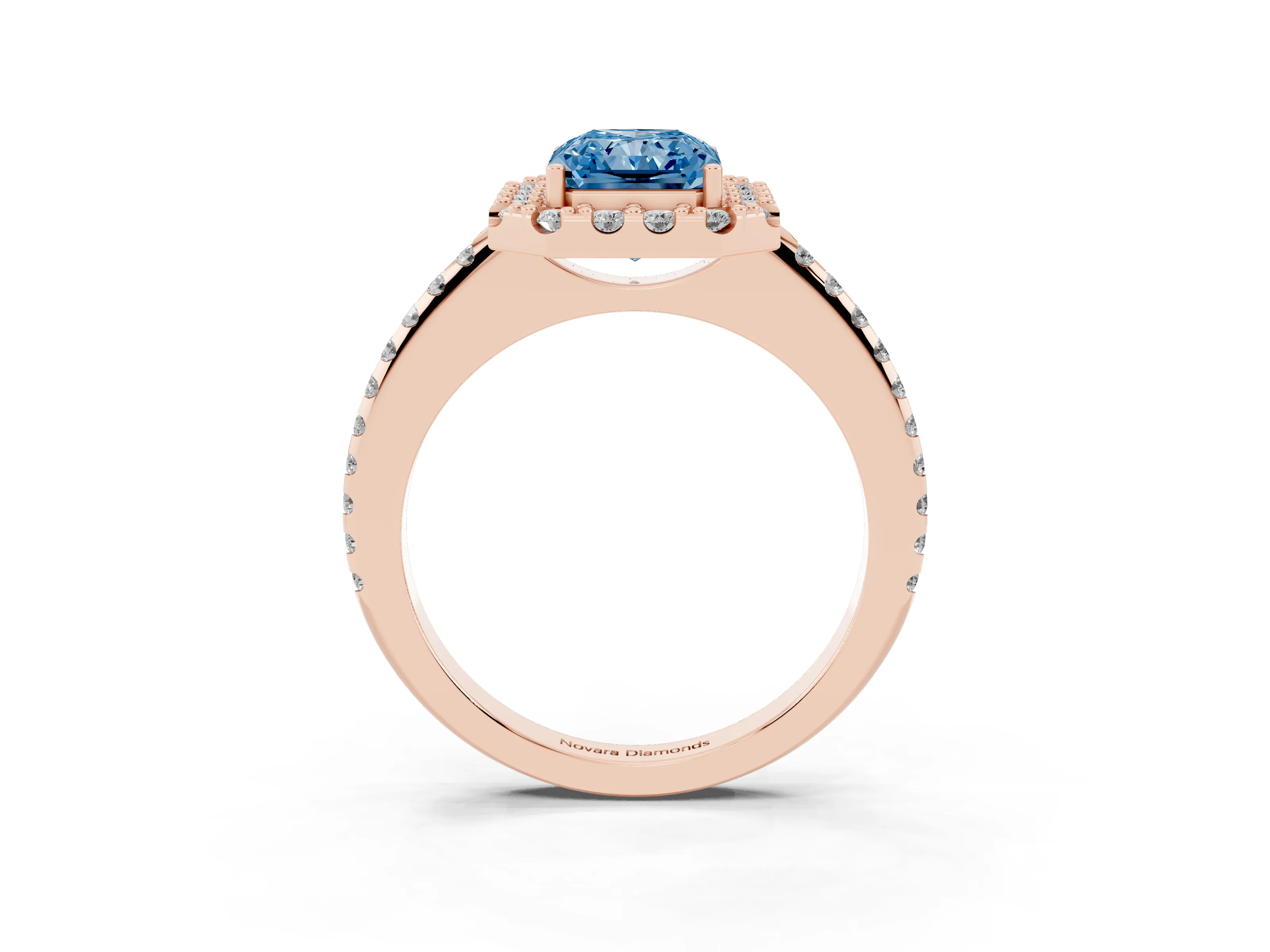 Fancy Blue Radiant Cut Diamond Pavé Halo Ring Set in Rose gold with Prong Setting
