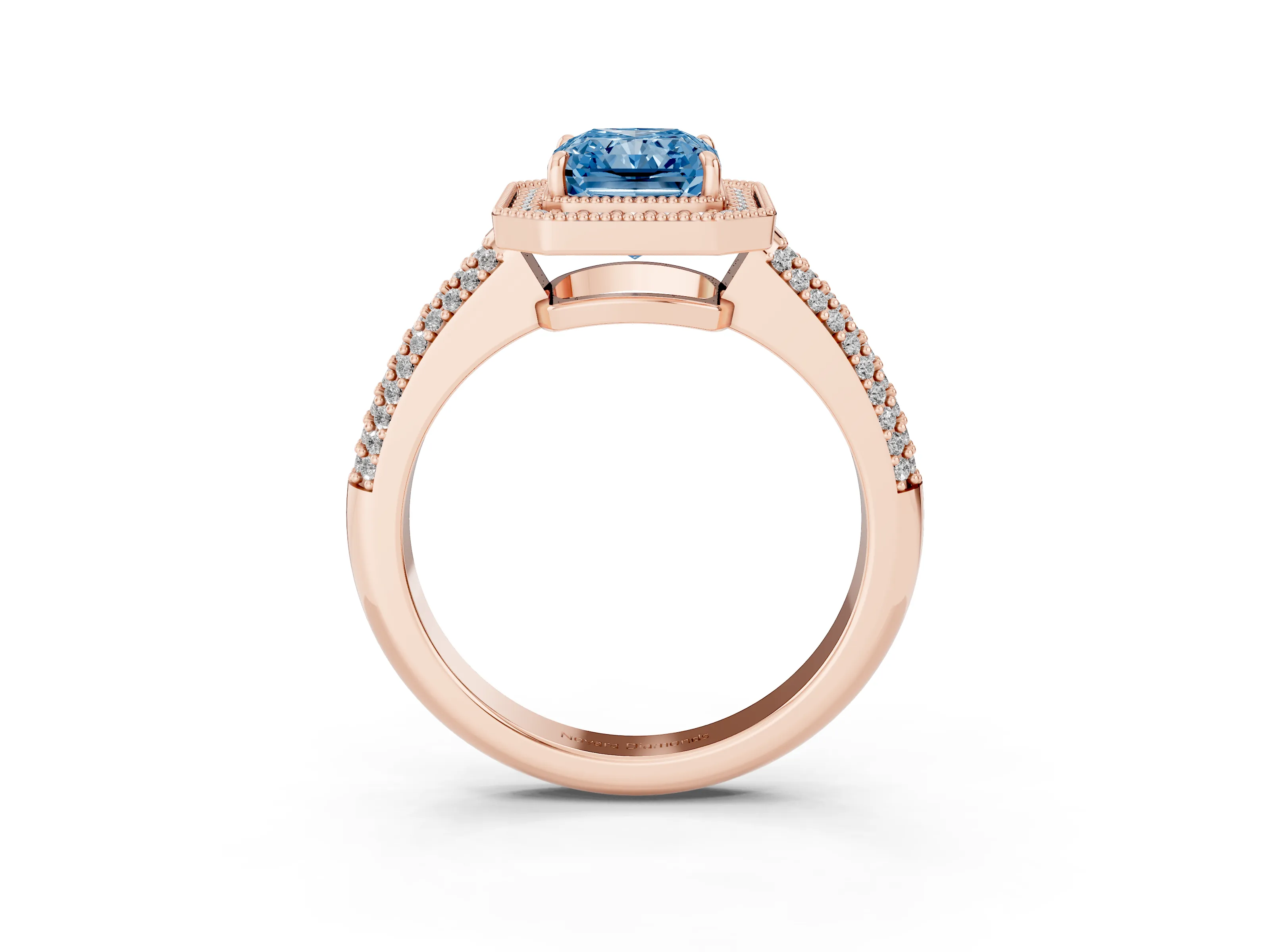 Fancy Blue Radiant Cut Diamond Halo Pavé Band Set in Rose gold with Prong Setting