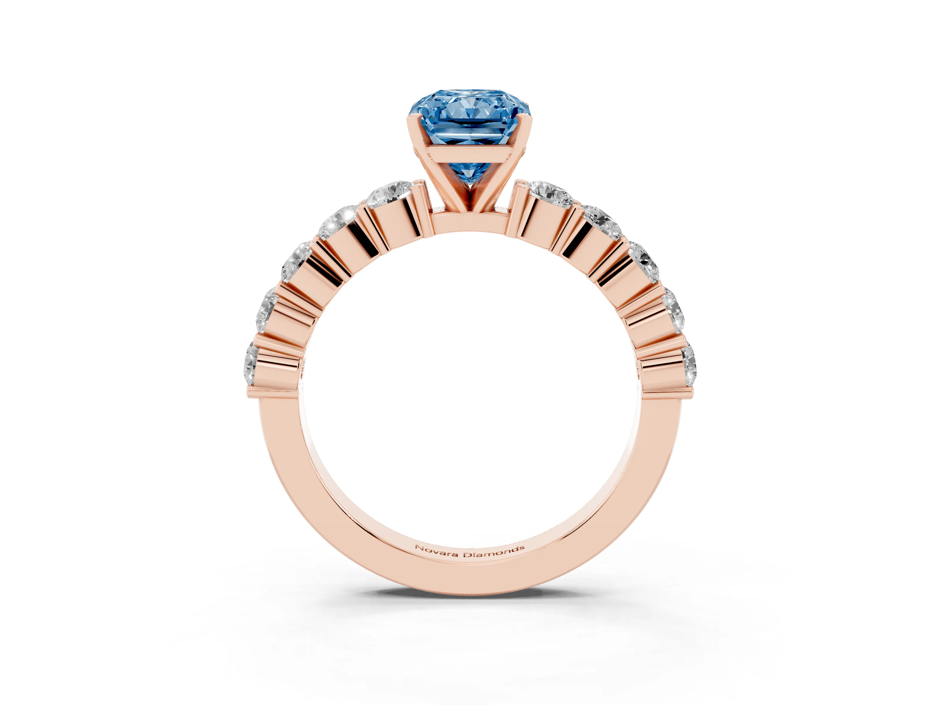 Fancy Blue Radiant Cut Diamond Solitaire Ring Set in Rose gold with Shared Prong Round Side Stones