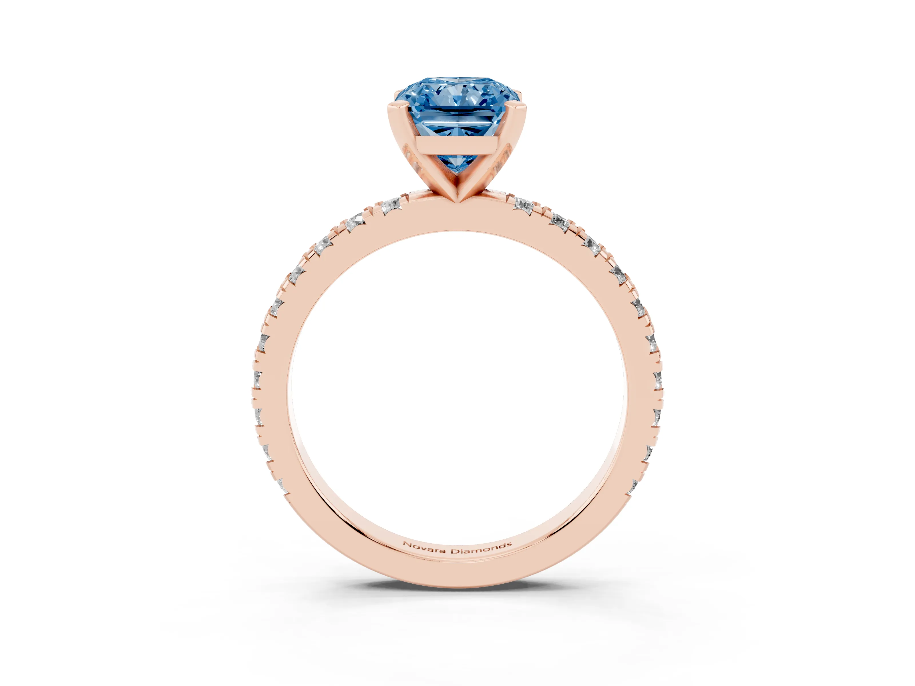 Fancy Blue Radiant Cut Diamond Pavé Band Solitaire Set in Rose gold with Prong Setting