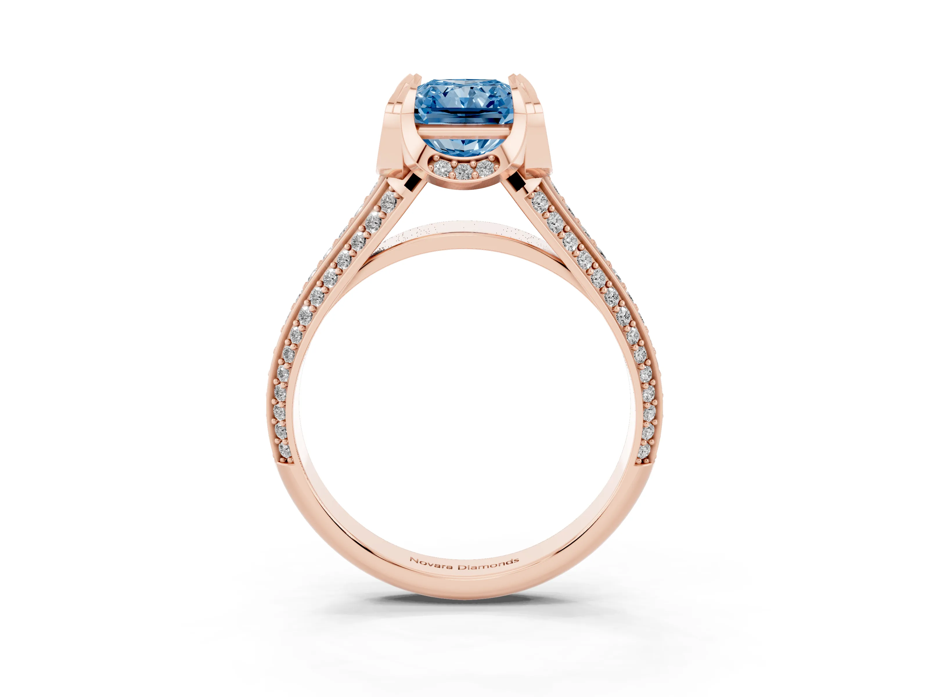 Fancy Blue Radiant Cut Diamond Pavé Split Shank Solitaire Ring Set in Rose gold with Prong Setting