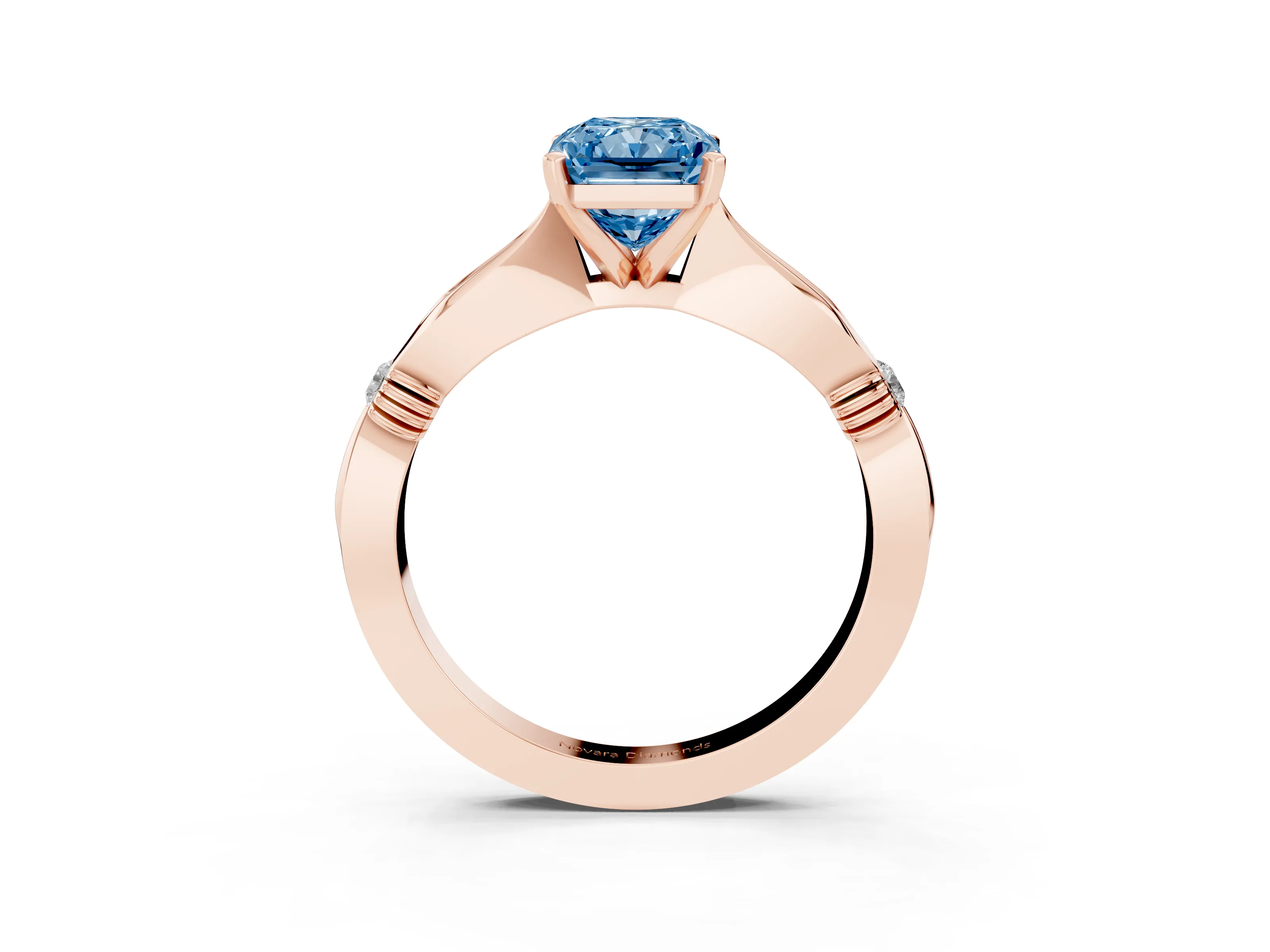 Fancy Blue Radiant Cut Diamond Solitaire Twisted Band Ring Set in Rose gold with Accent Stones and Prong Setting