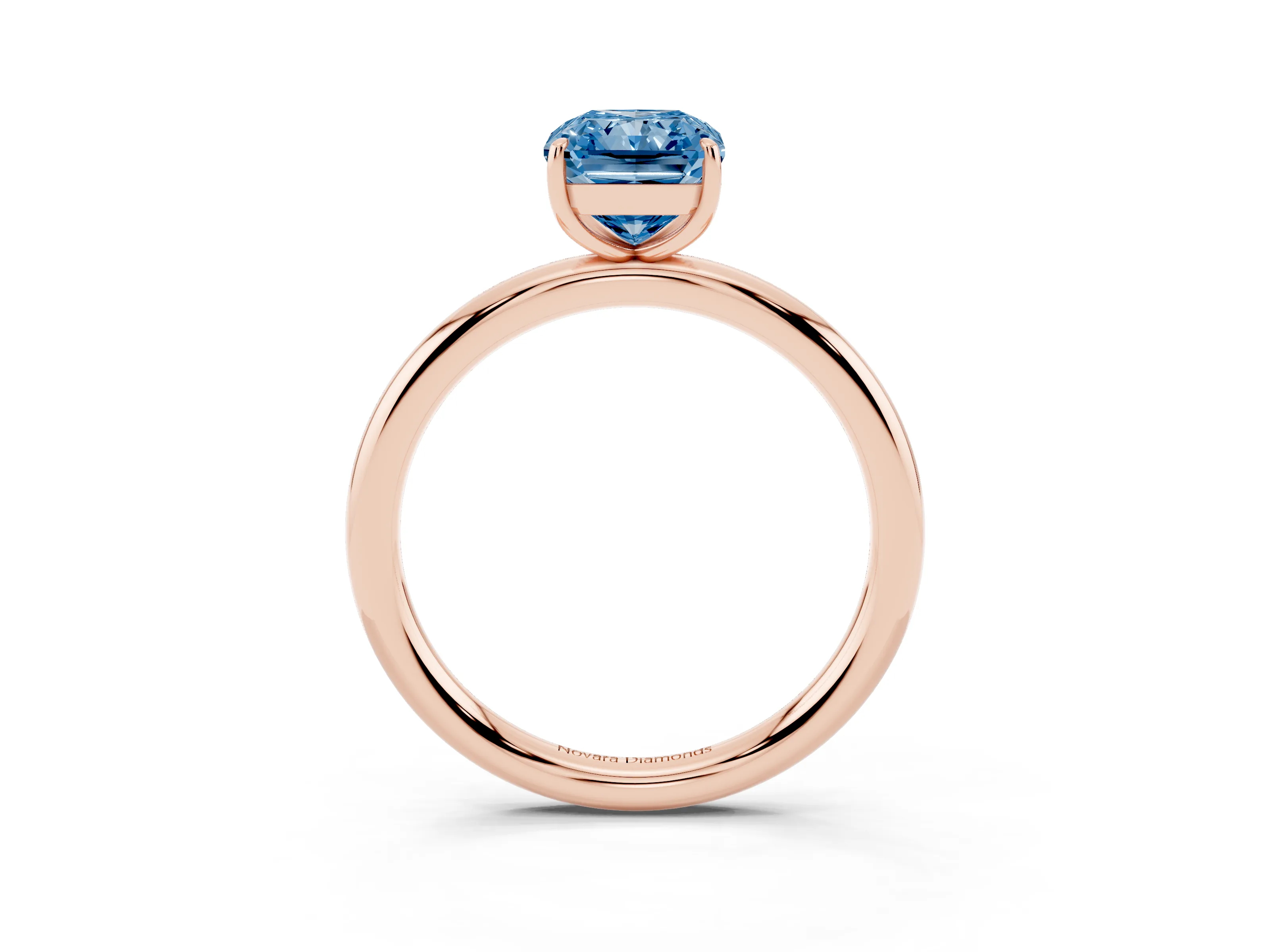 Fancy Blue Radiant Cut Diamond Solitaire Ring Set in Rose gold with Prong Setting on a Polished Plain Band
