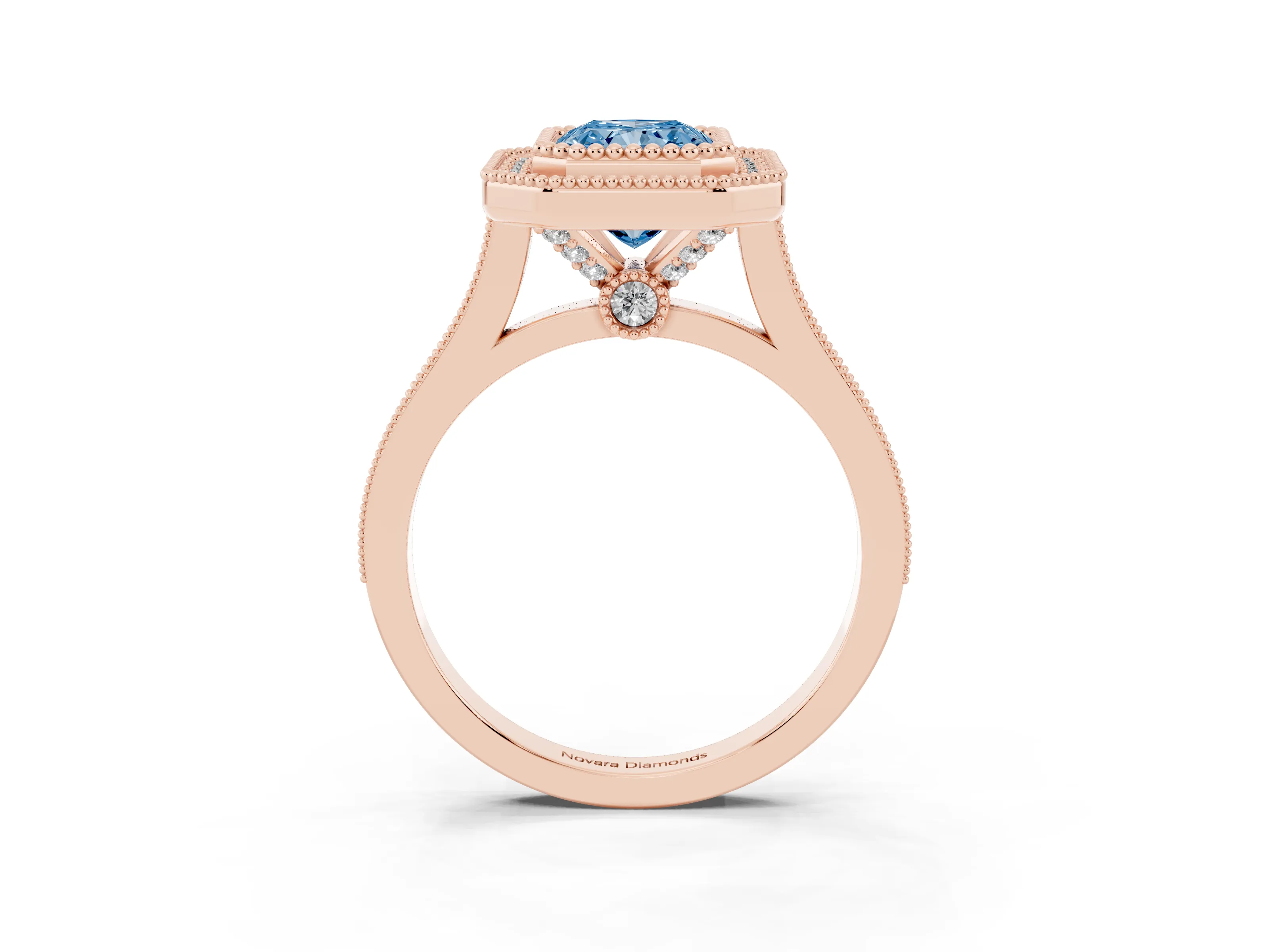 Fancy Blue Radiant Cut Diamond Halo Ring Set in Rose gold with Milgrain Frame and Pavé Band