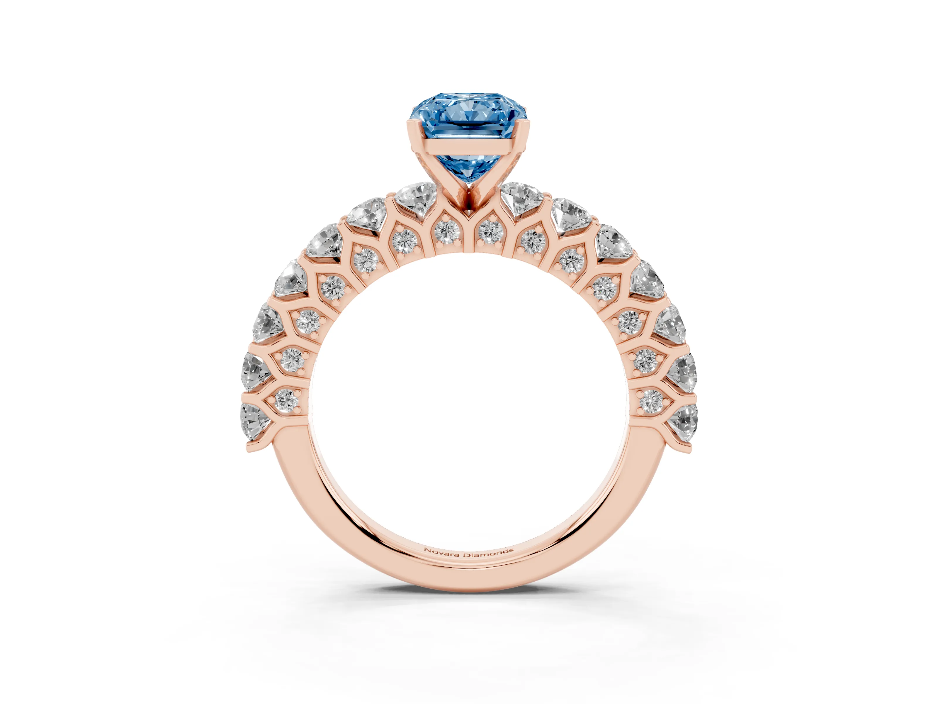 Fancy Blue Radiant Cut Diamond Solitaire Ring Set in Rose gold with Shared Prong Pavé Band