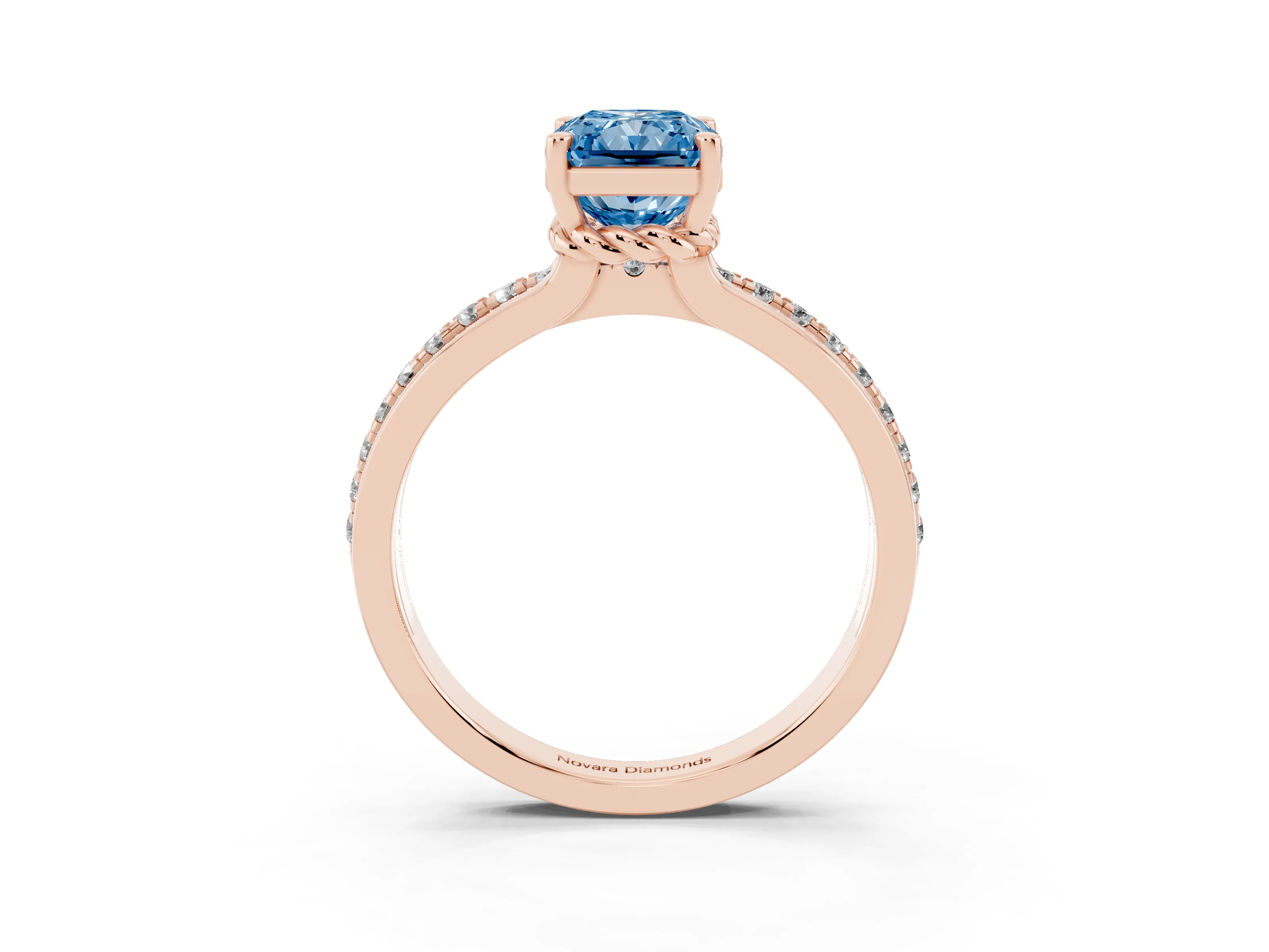 Fancy Blue Radiant Cut Diamond Solitaire Ring Set in Rose gold with Channel Set Band and Prong Setting