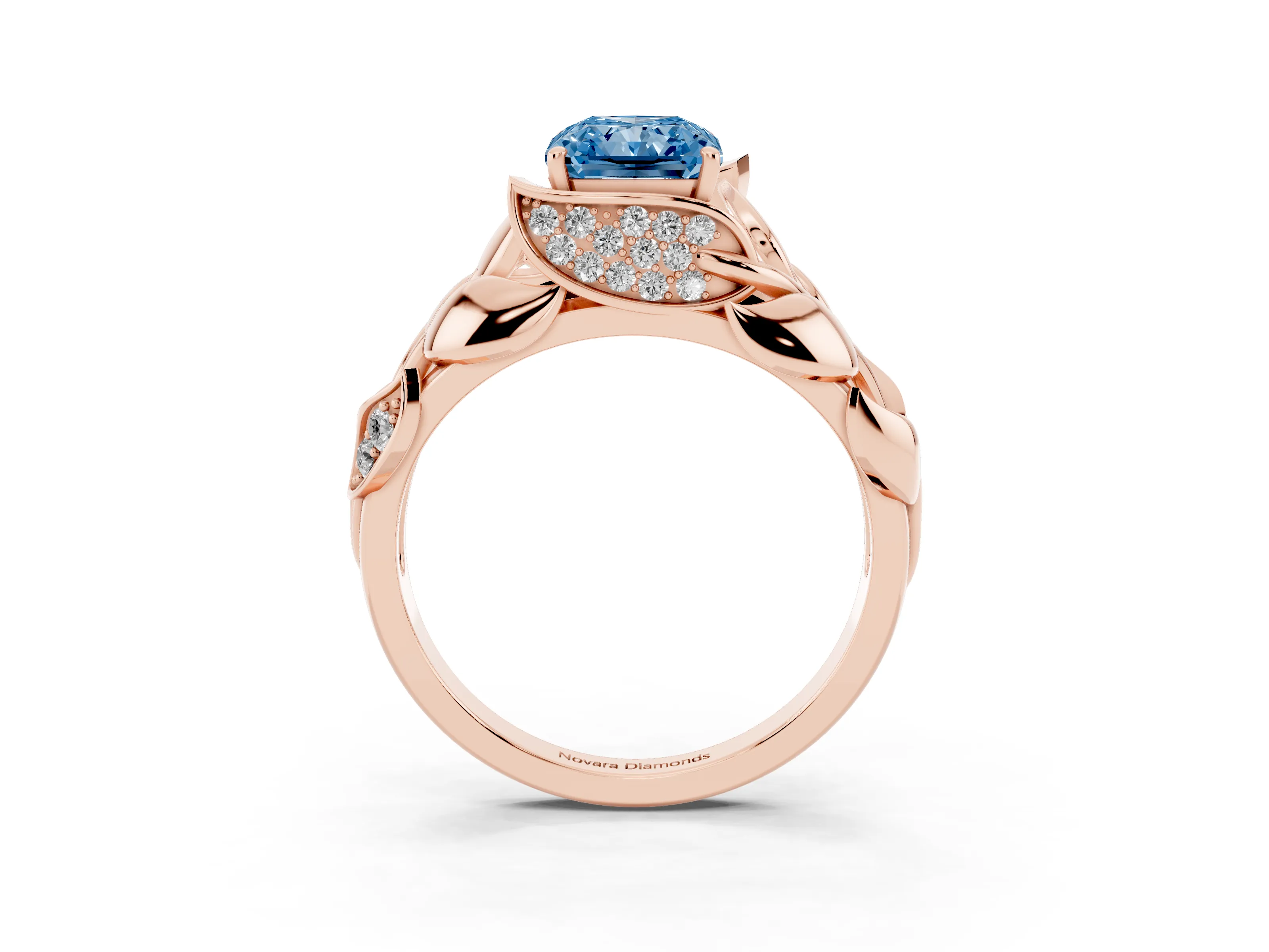 Fancy Blue Radiant Cut Diamond Leaf-Inspired Engagement Ring Set in Rose gold with Round Accents