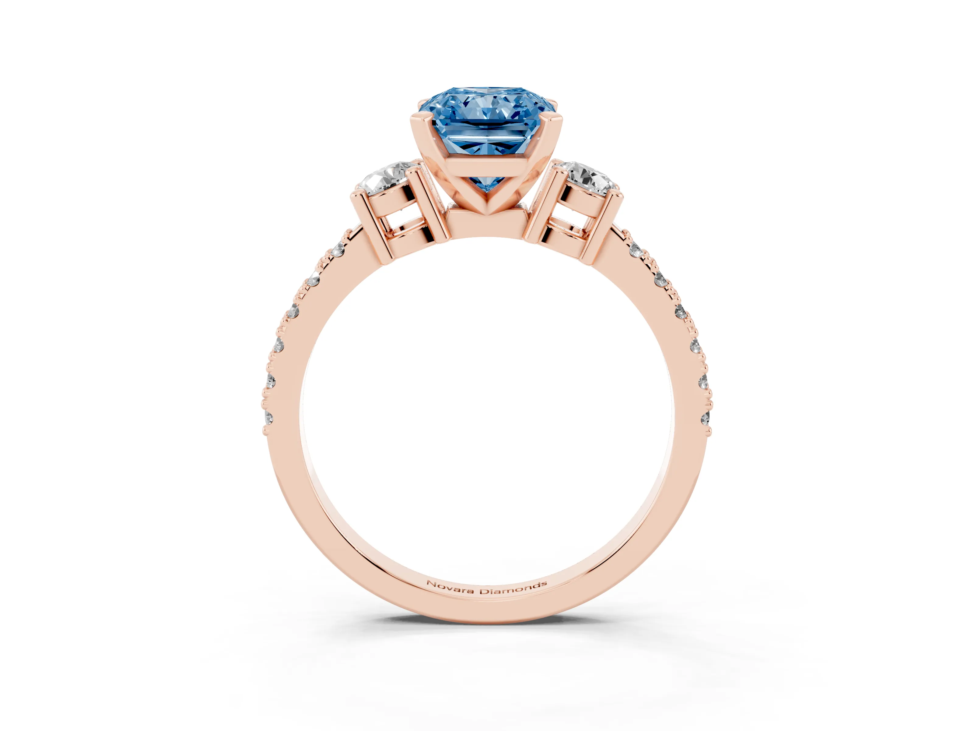 Fancy Blue Three-Stone Radiant Cut Diamond Pavé Band Ring Set in Rose gold with Prong Setting