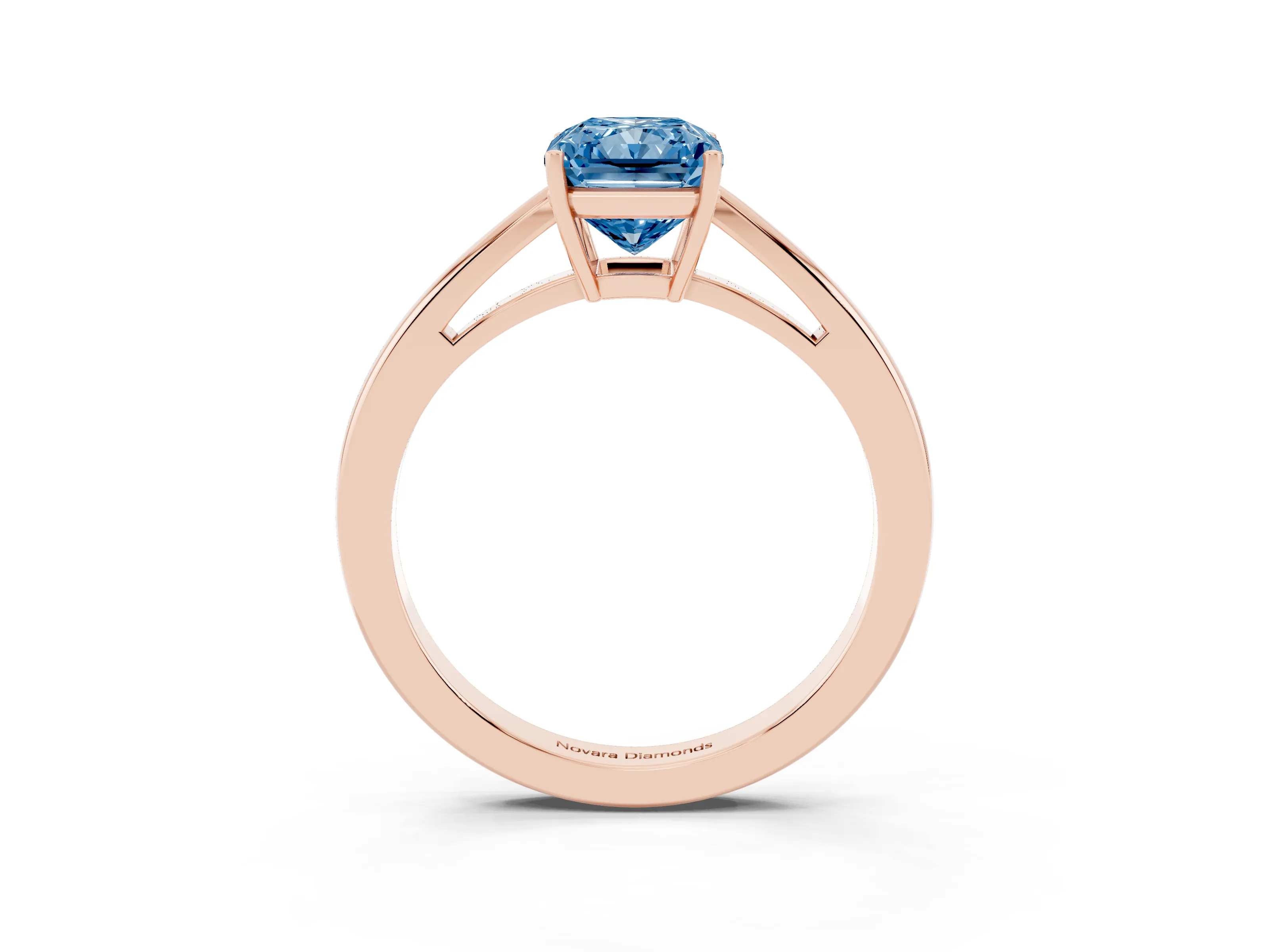 Fancy Blue Radiant Cut Diamond Solitaire Ring Set in Rose gold with Split Shank and Prong Setting